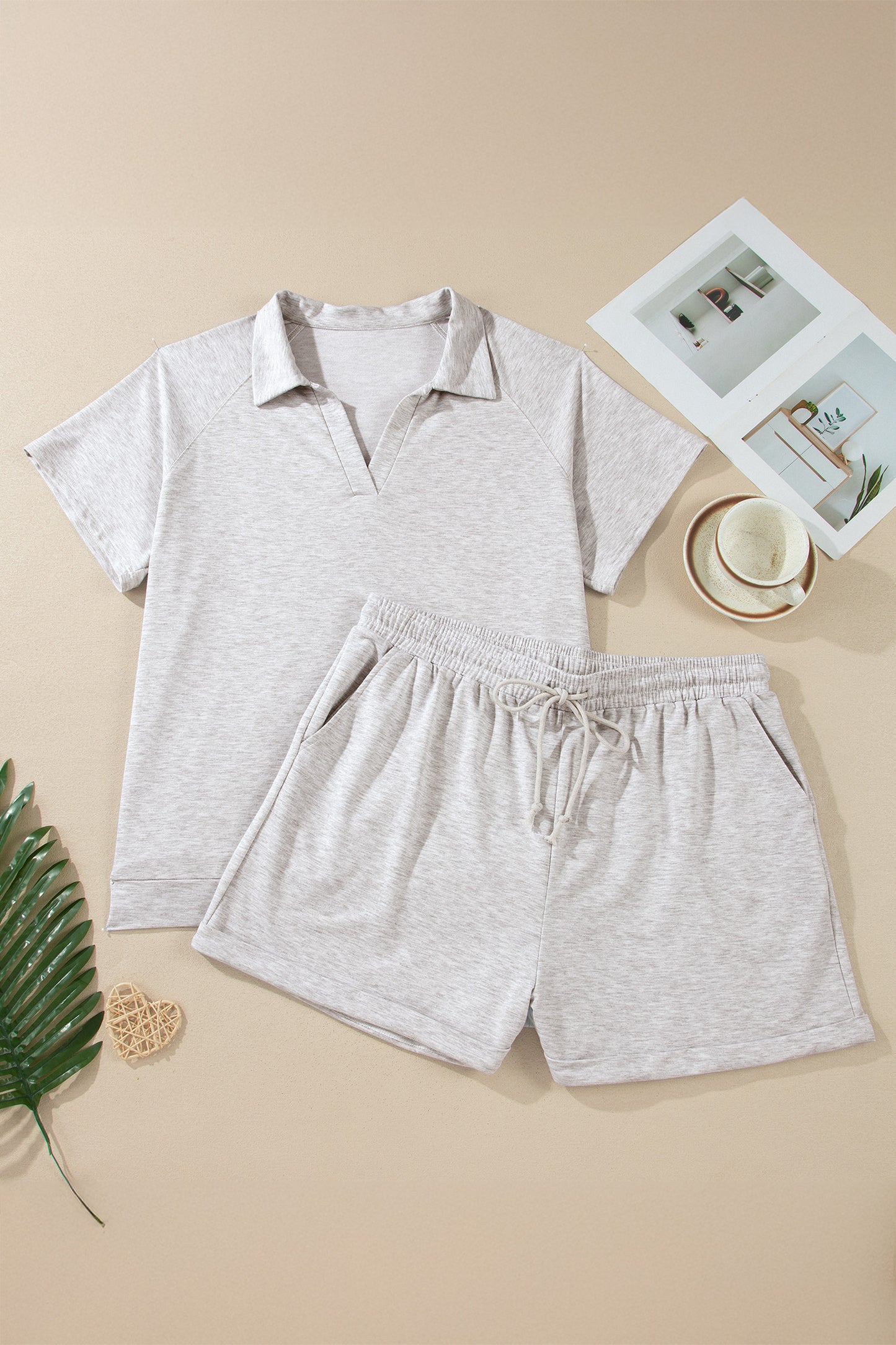 Light Grey Plus Size Solid V-Neck Short Sleeve Elastic Waist Two-Piece Set-Plus Size/Plus Size Loungewear-[Adult]-[Female]-2022 Online Blue Zone Planet