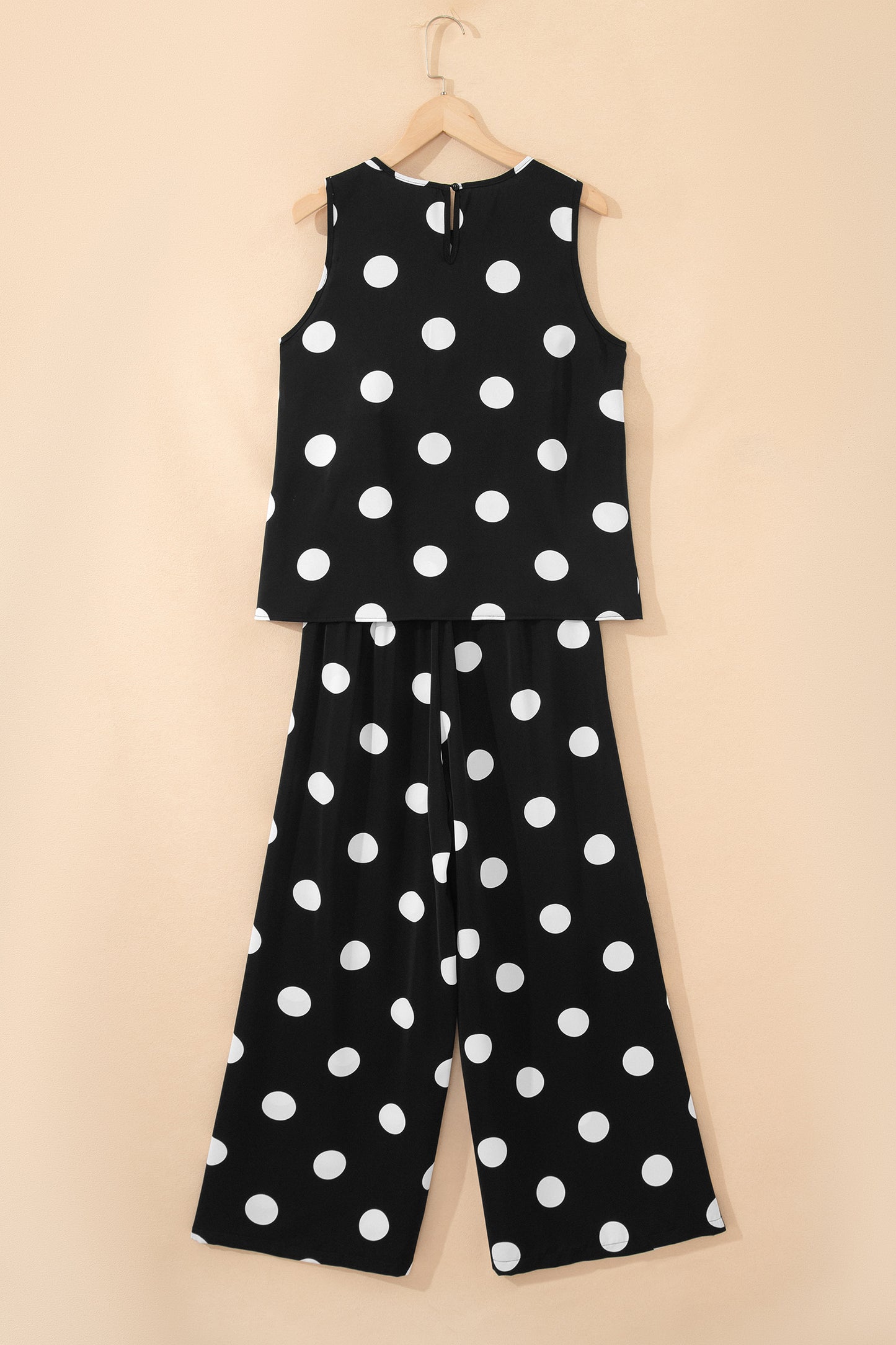 Black Polka Dot Print Pleated Round Neck Tank Casual Wide Leg Two-Piece Outfit-Two Piece Sets/Pant Sets-[Adult]-[Female]-2022 Online Blue Zone Planet