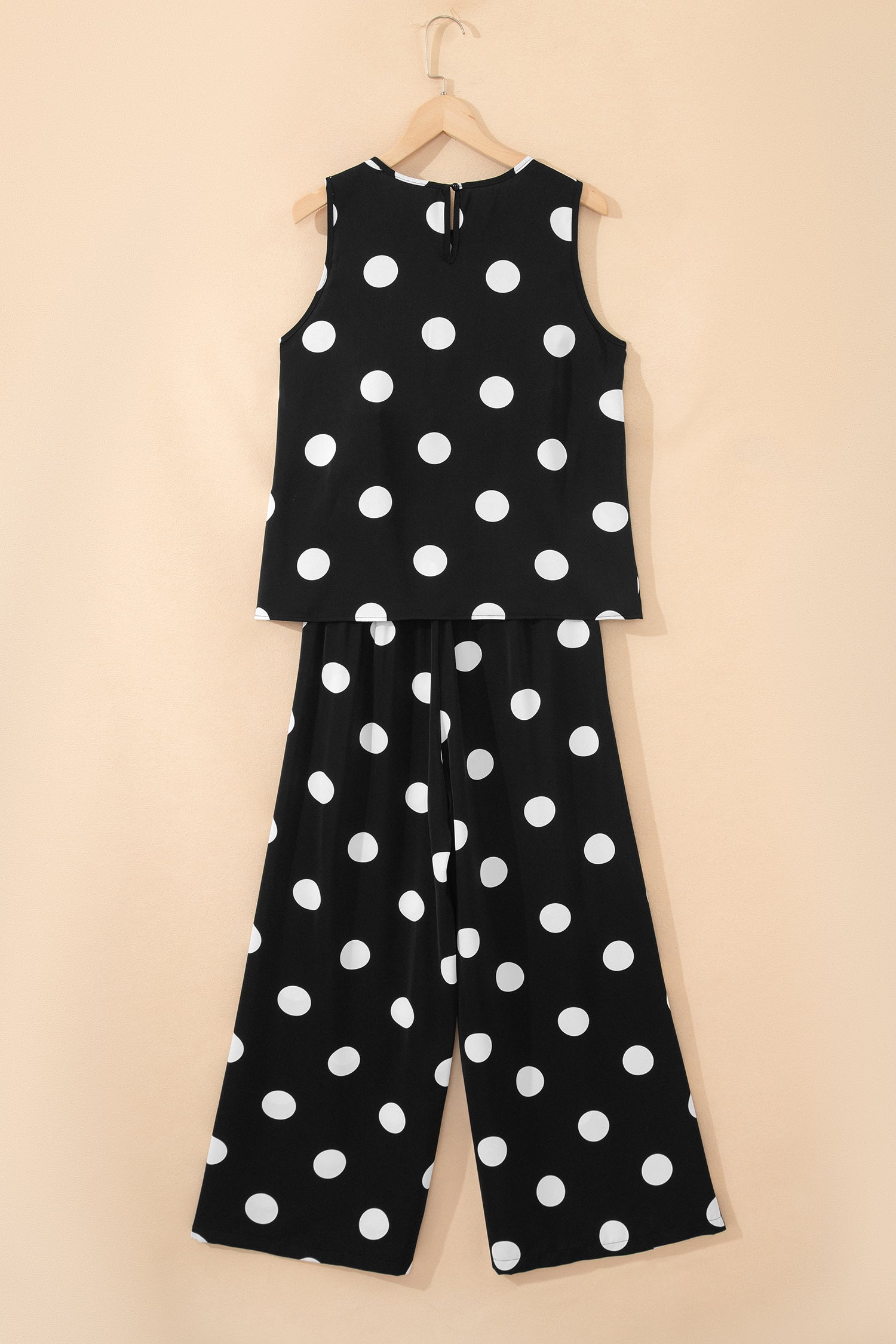 Black Polka Dot Print Pleated Round Neck Tank Casual Wide Leg Two-Piece Outfit-Two Piece Sets/Pant Sets-[Adult]-[Female]-2022 Online Blue Zone Planet
