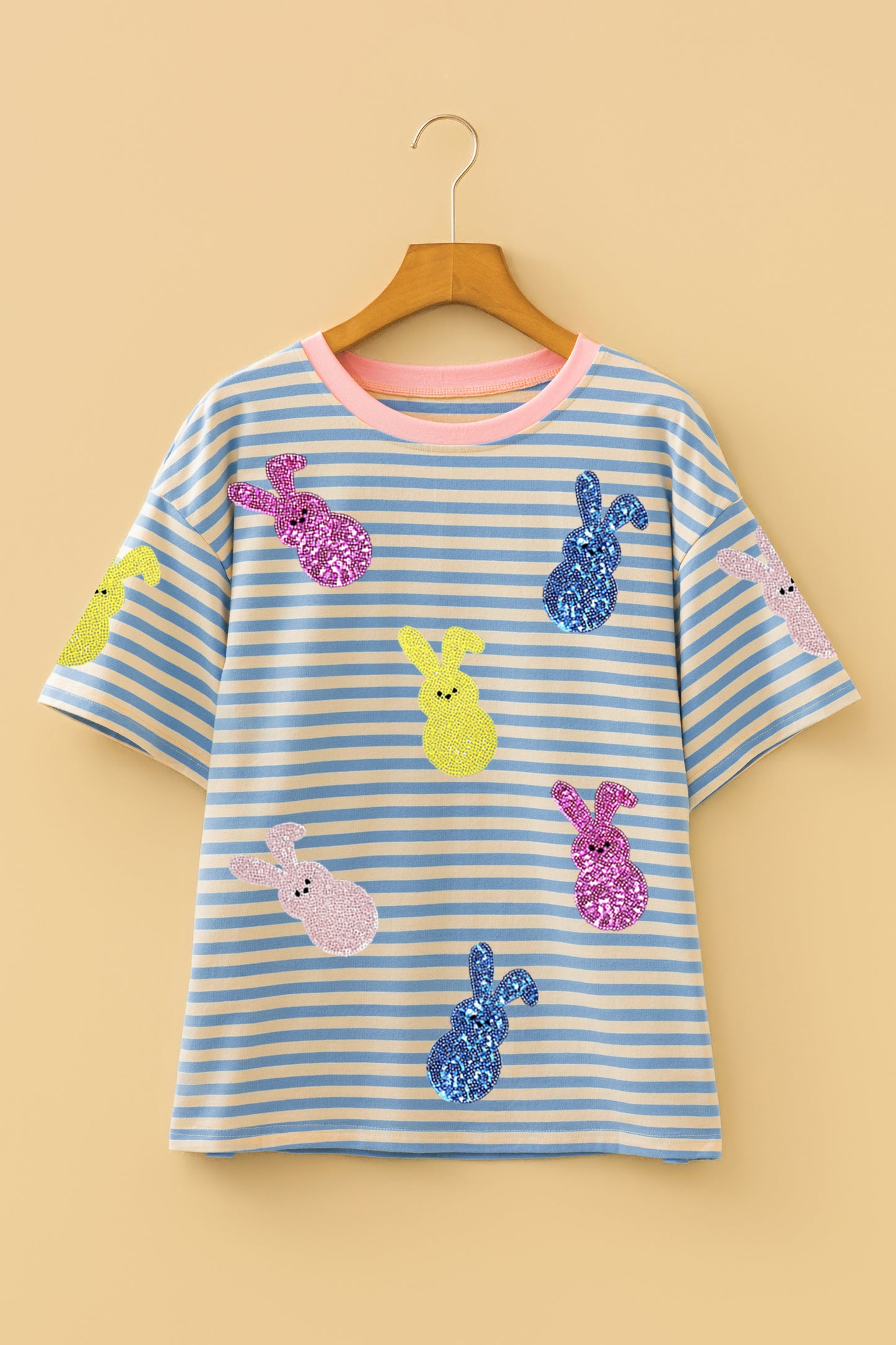 Sky Blue Stripe Sequin Easter Bunny Patched Drop Shoulder Tee-Graphic/Graphic Tees-[Adult]-[Female]-2022 Online Blue Zone Planet