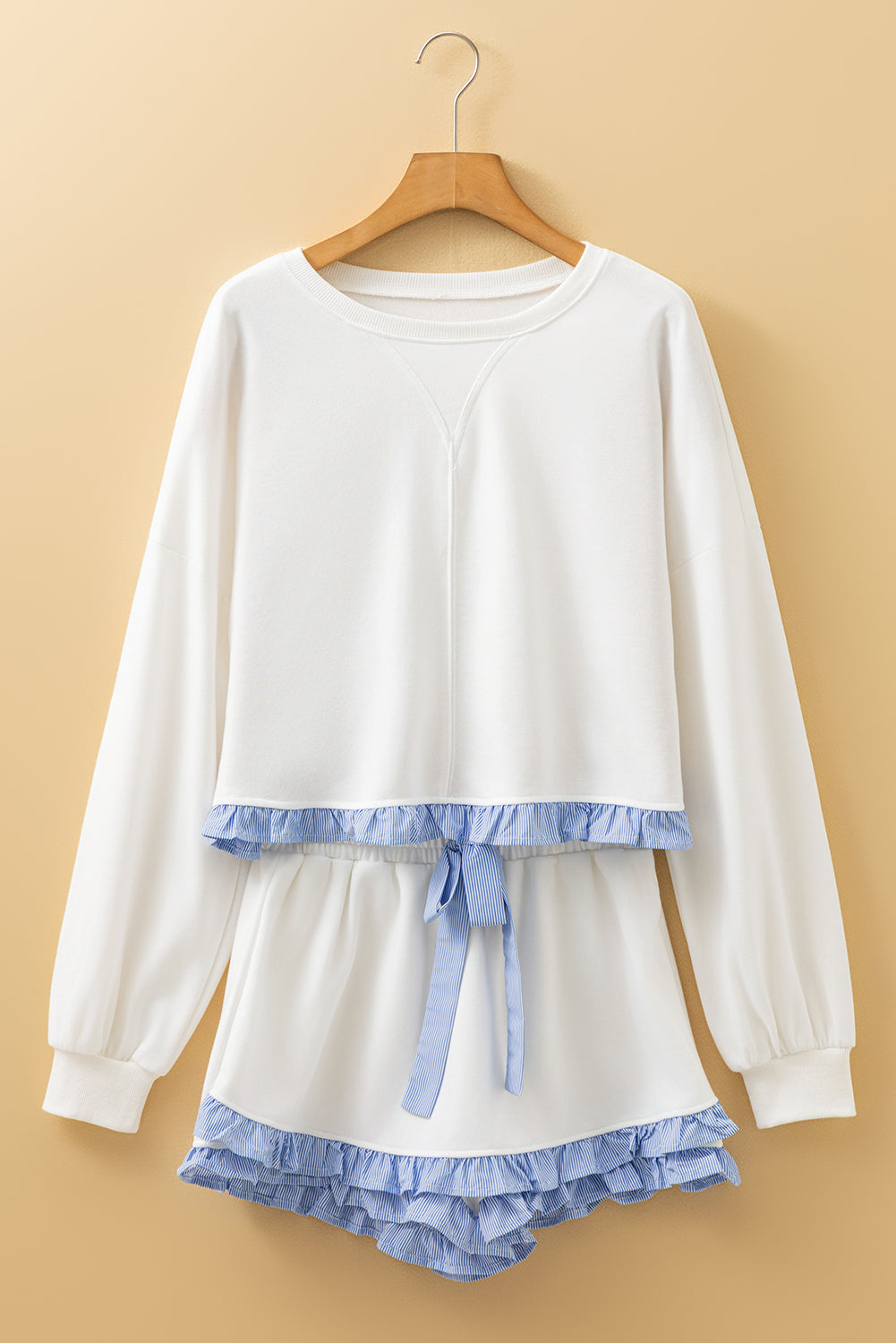 Yellow Cream Plaid Ruffled Patchwork Drop Shoulder Pullover and Drawstring Elastic Waist Shorts Matching Set-Two Piece Sets/Short Sets-[Adult]-[Female]-2022 Online Blue Zone Planet