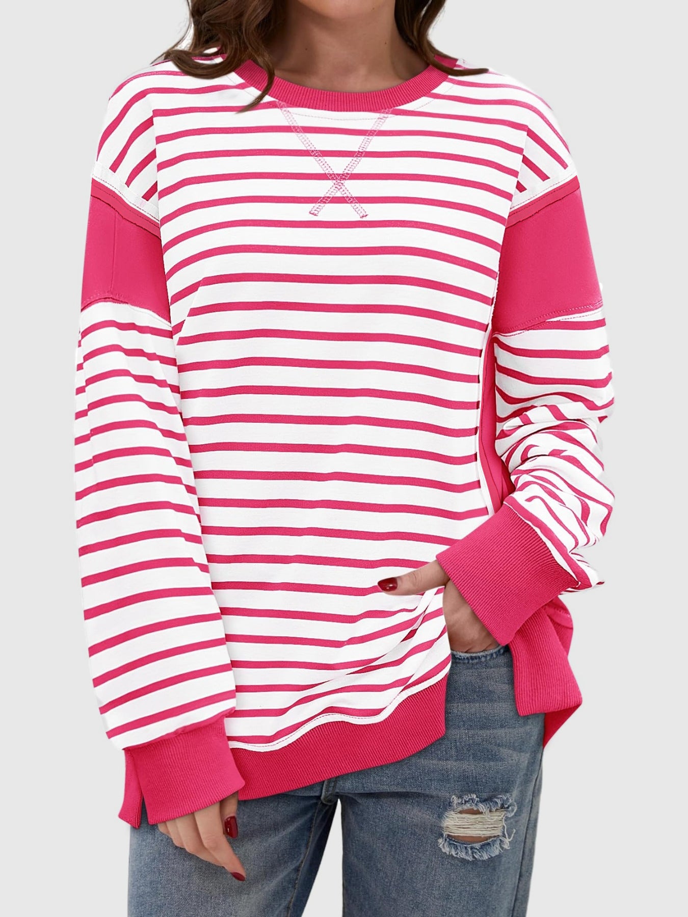 Slit Exposed Seam Striped Long Sleeve Sweatshirt-TOPS / DRESSES-[Adult]-[Female]-2022 Online Blue Zone Planet