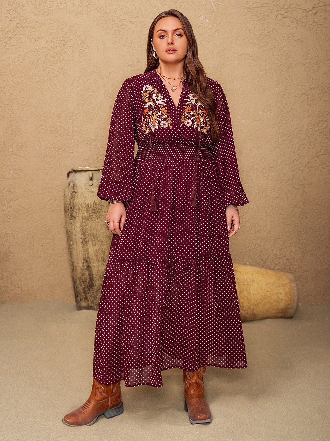 chinese dress ladies Plus Size Embroidered Polka Dot Tie Neck Long Sleeve Midi Dress Burgundy / 4XL