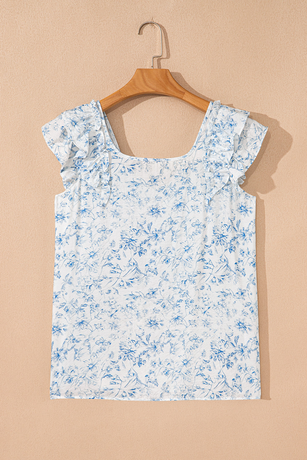 Sky Blue Floral Ruffled Short Sleeve Bow Back Square Neck Blouse-Tops/Blouses & Shirts-[Adult]-[Female]-2022 Online Blue Zone Planet