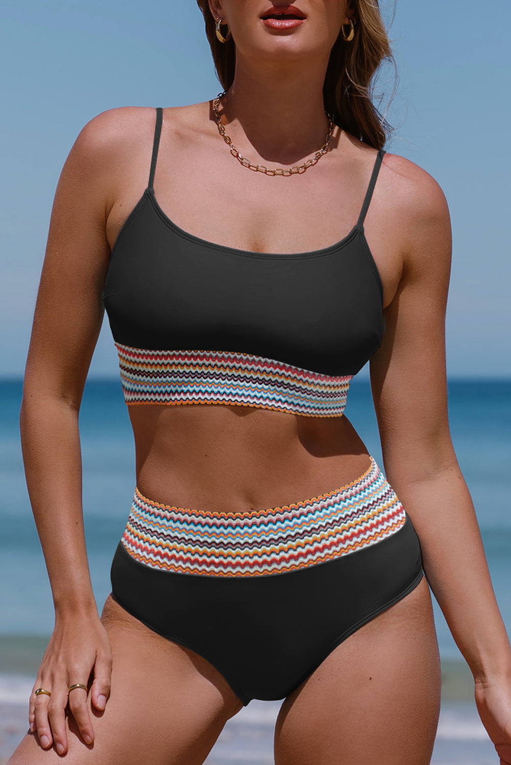 Blue Zone Planet |  Black Striped Patchwork Spaghetti Strap High Waist Bikini Swimsuit Blue Zone Planet