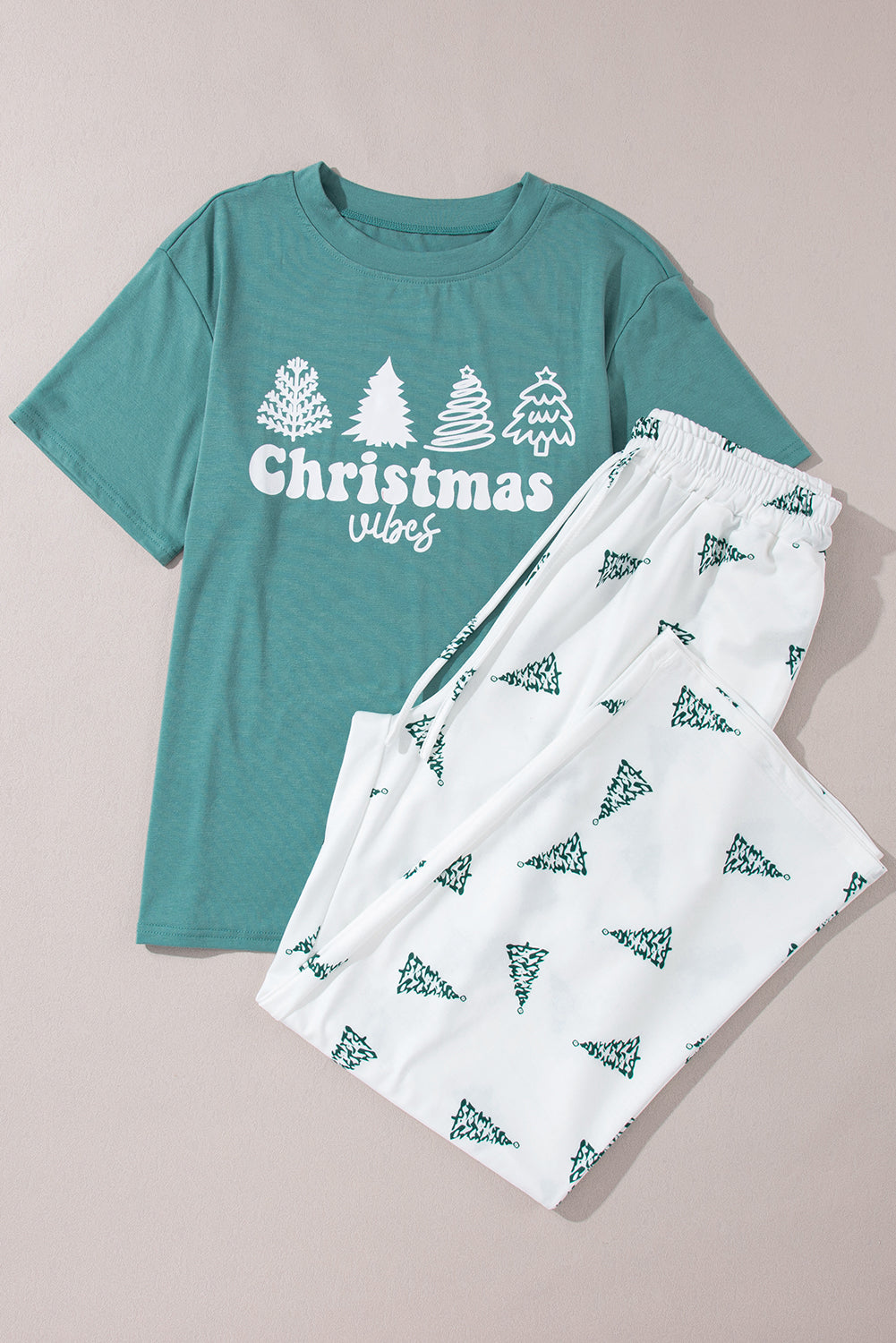 Green Christmas Tree Print Tee & White Pants Loungewear Set-Loungewear Set-[Adult]-[Female]-2022 Online Blue Zone Planet