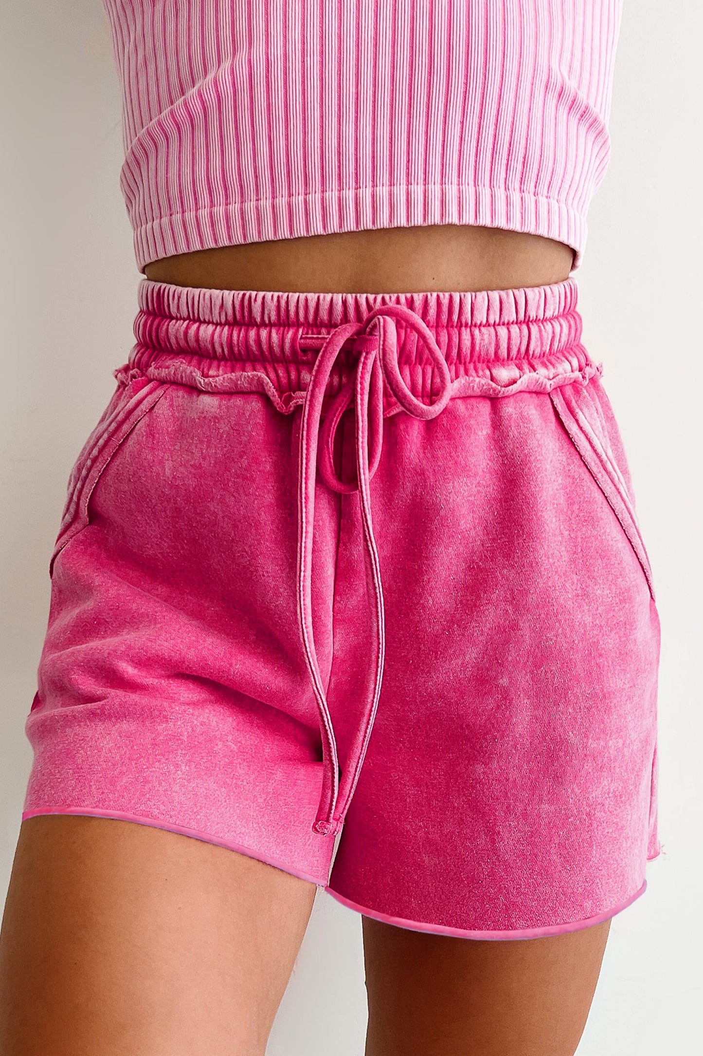 Rose Red Mineral Washed Drawstring Elastic Waist Raw Cut Shorts-Bottoms/Casual Shorts-[Adult]-[Female]-2022 Online Blue Zone Planet