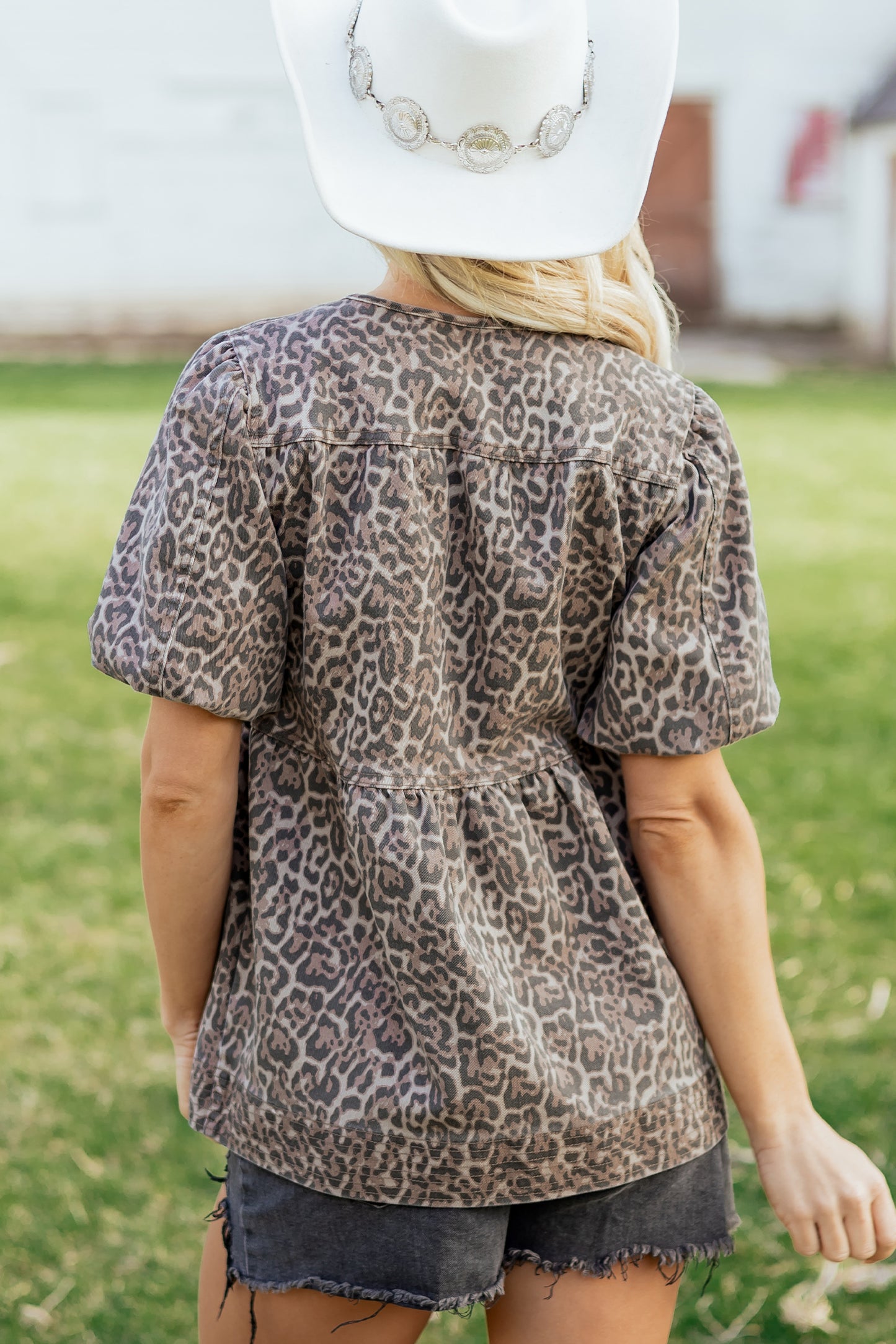 Brown Leopard Tie Neck Short Puff Sleeve Denim Babydoll Top-Tops/Tops & Tees-[Adult]-[Female]-2022 Online Blue Zone Planet