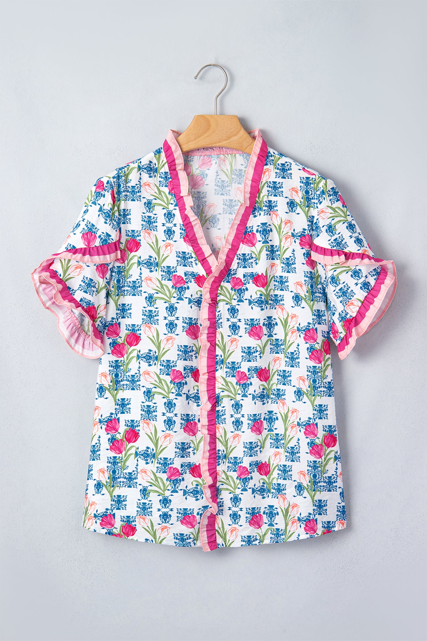 Rose Floral Print Ruffle V-Neck Short Sleeve Loose Tunic Shirt-Tops/Blouses & Shirts-[Adult]-[Female]-2022 Online Blue Zone Planet