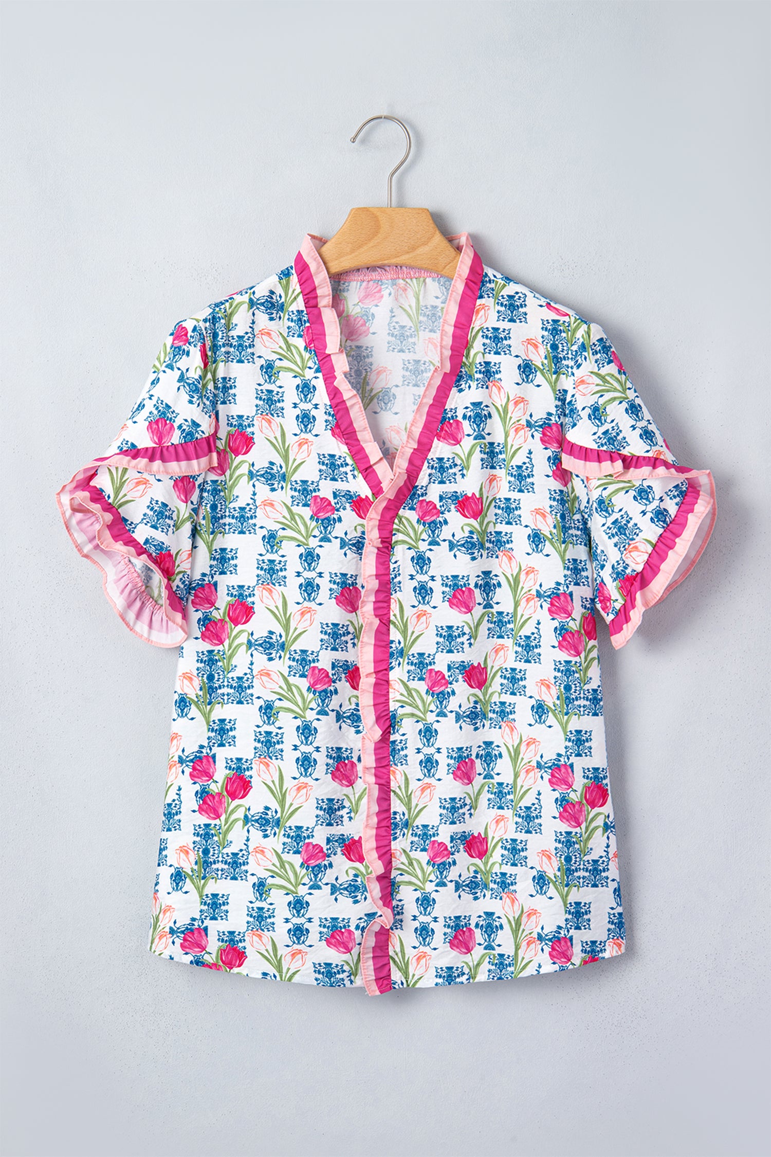 Rose Floral Print Ruffle V-Neck Short Sleeve Loose Tunic Shirt-Tops/Blouses & Shirts-[Adult]-[Female]-2022 Online Blue Zone Planet