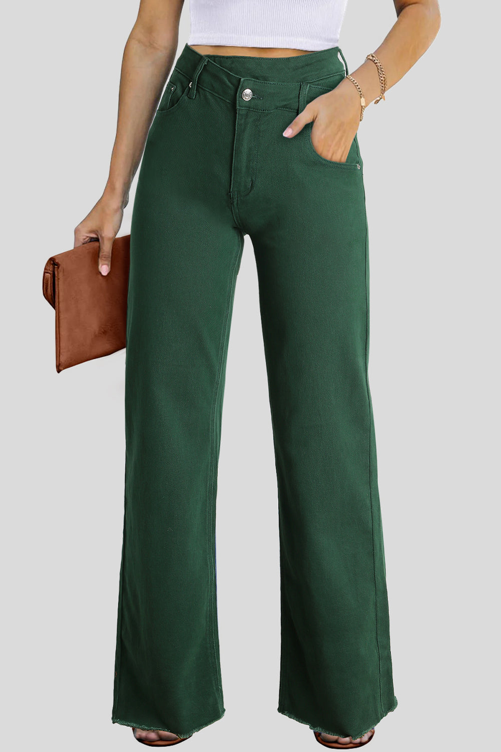 Green Crossed Waist Raw Hem Shift Jeans-Bottoms/Jeans-[Adult]-[Female]-2022 Online Blue Zone Planet