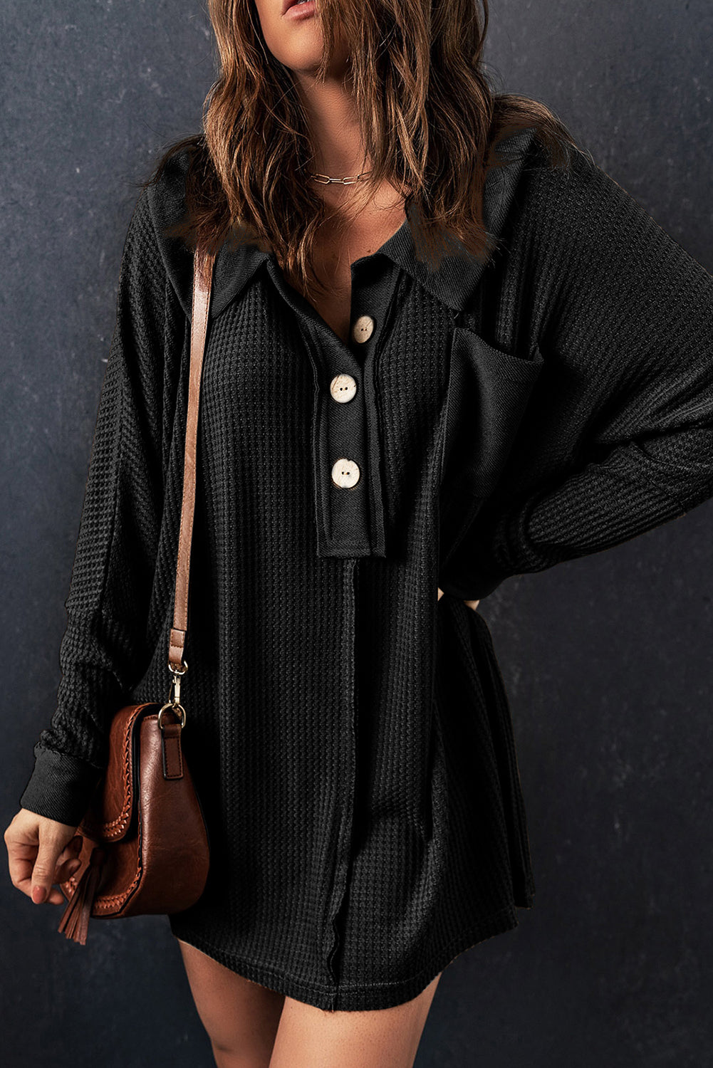 Black Waffle Knit Buttoned Long Sleeve Top-Tops/Long Sleeve Tops-[Adult]-[Female]-2022 Online Blue Zone Planet