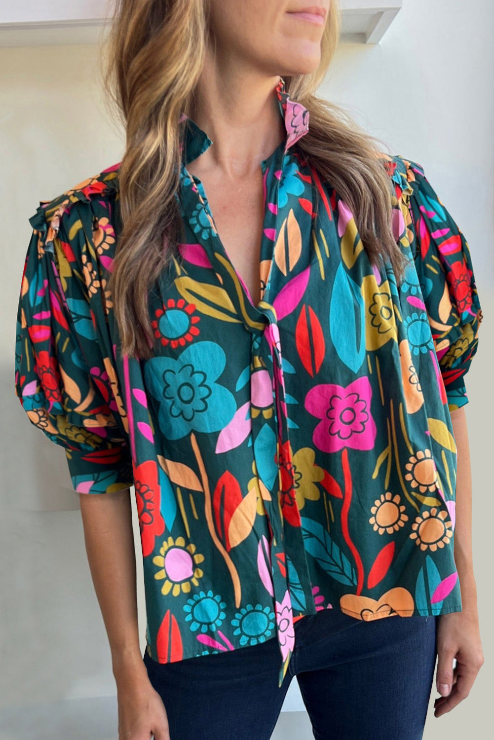 Green Floral Print Puff Sleeve Tied V Neck Blouse-Tops/Blouses & Shirts-[Adult]-[Female]-Green-S-2022 Online Blue Zone Planet