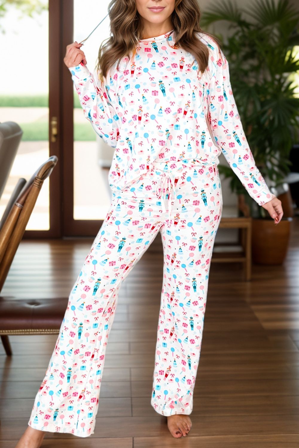 Printed Round Neck Long Sleeve Top and Pants Lounge Set-BOTTOMS SIZES SMALL MEDIUM LARGE-[Adult]-[Female]-White-S-2022 Online Blue Zone Planet