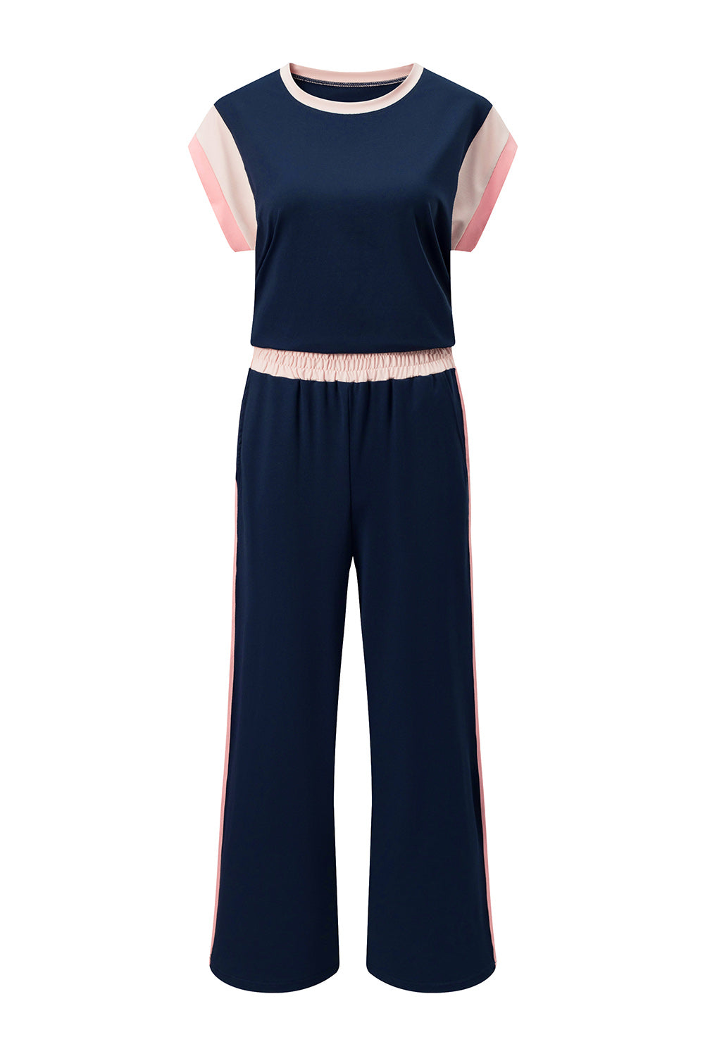 Navy Blue Color Block Detail Casual Two-piece Set-Two Piece Sets/Pant Sets-[Adult]-[Female]-2022 Online Blue Zone Planet