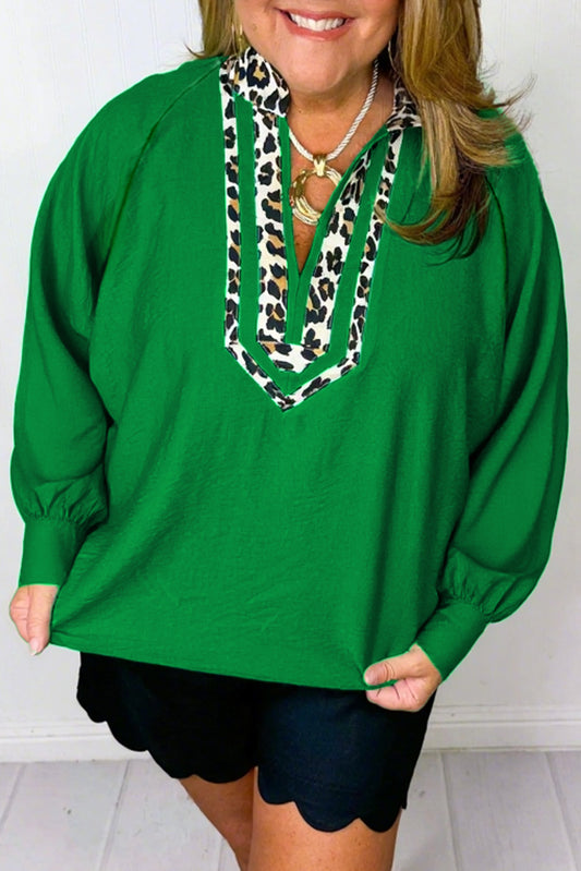 Green Plus Size Contrast Leopard Trim Split Neck Puff Sleeve Blouse-Plus Size/Plus Size Tops/Plus Size Blouses & Shirts-[Adult]-[Female]-Green-1X-2022 Online Blue Zone Planet