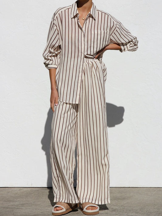 Blue Zone Planet | Striped Collared Neck Long Sleeve Top and Pants Set-TOPS / DRESSES-[Adult]-[Female]-Dust Storm-S-2022 Online Blue Zone Planet