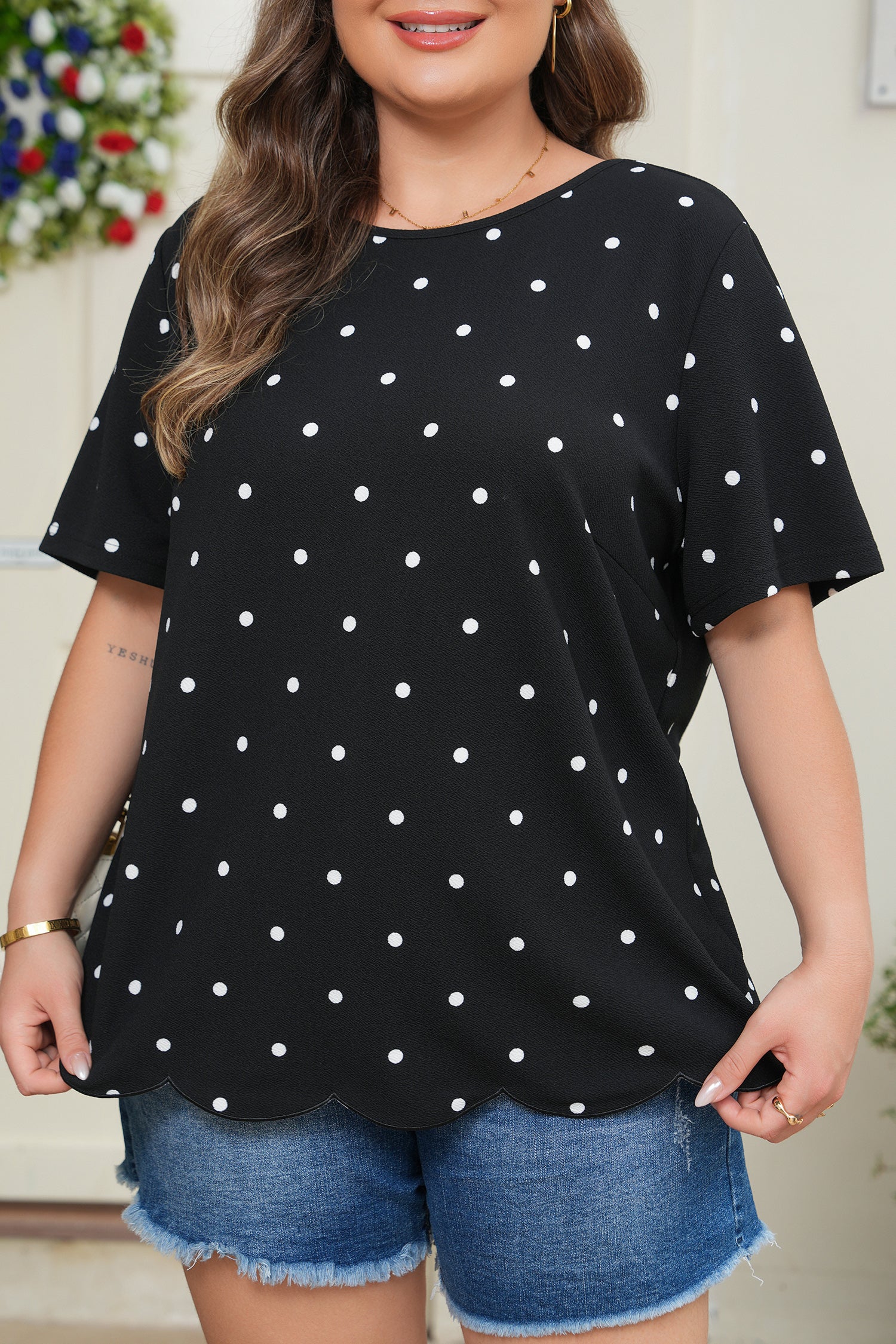 Black Plus Size Dotted Casual T Shirt-Plus Size/Plus Size Tops/Plus Size Tops & Tees-[Adult]-[Female]-2022 Online Blue Zone Planet