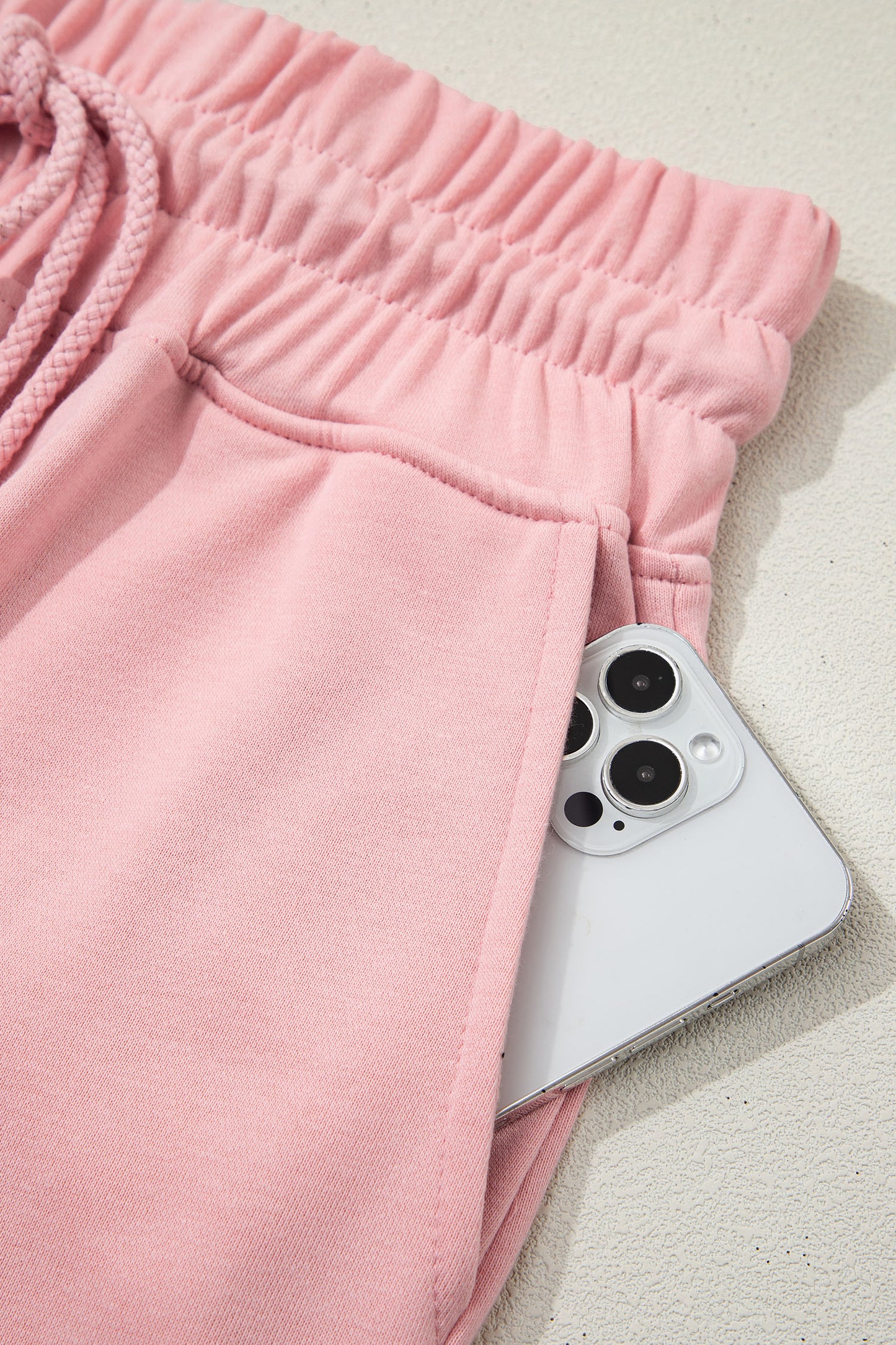Light Pink Solid Color Loose Tee Drawstring Wide Leg Pants 2pcs Outfit-Two Piece Sets/Pant Sets-[Adult]-[Female]-2022 Online Blue Zone Planet