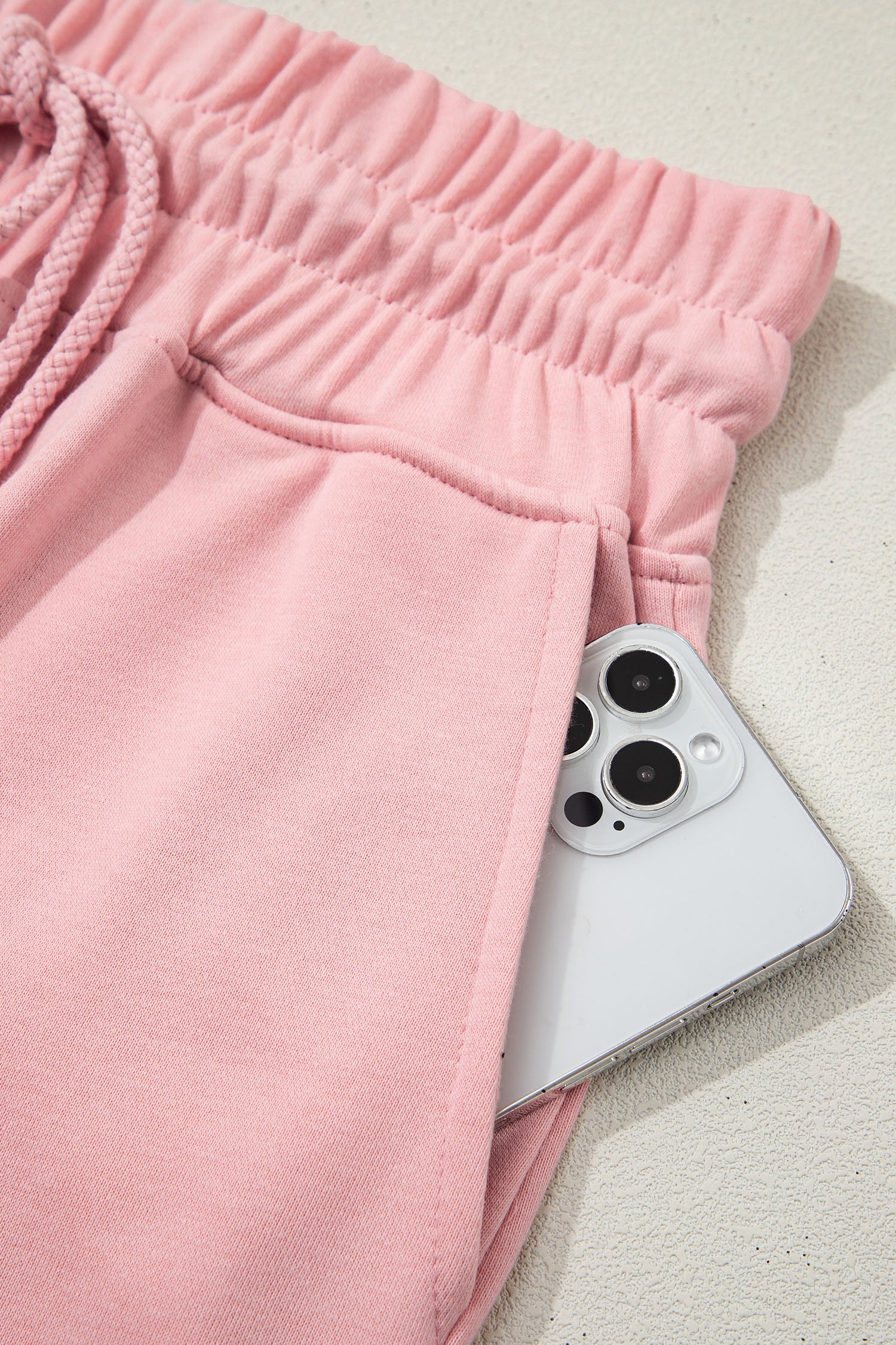 Light Pink Solid Color Loose Tee Drawstring Wide Leg Pants 2pcs Outfit-Two Piece Sets/Pant Sets-[Adult]-[Female]-2022 Online Blue Zone Planet