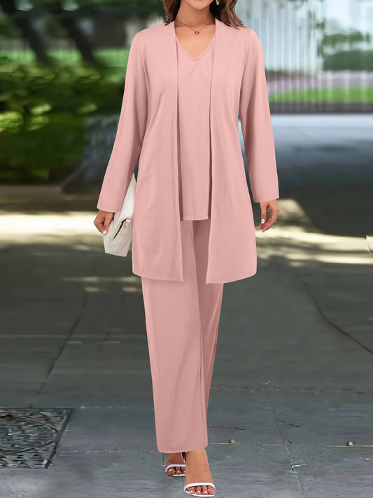 Blue Zone Planet | V-Neck Tank, Long Sleeve Cover-Up and Pants Three Piece Set-TOPS / DRESSES-[Adult]-[Female]-Dusty Pink-S-2022 Online Blue Zone Planet