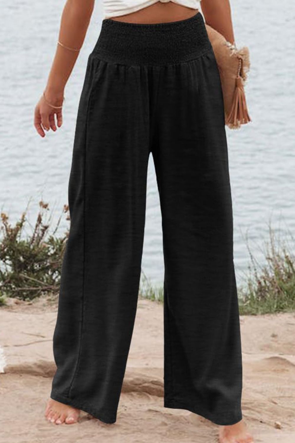 Plus Size Smocked High Waist Wide Leg Pants-[Adult]-[Female]-Black-1X-2022 Online Blue Zone Planet