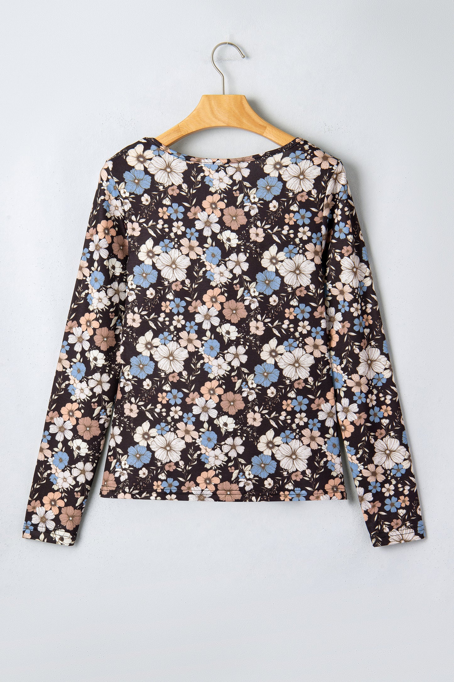 Black Floral Print Slim Long Sleeve T Shirt-Tops/Long Sleeve Tops-[Adult]-[Female]-2022 Online Blue Zone Planet