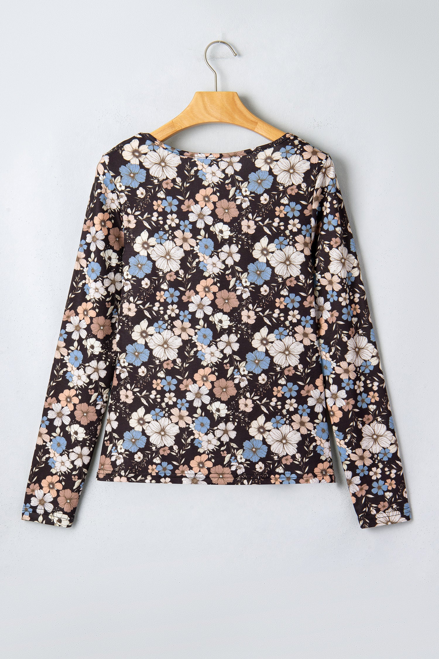 Black Floral Print Slim Long Sleeve T Shirt-Tops/Long Sleeve Tops-[Adult]-[Female]-2022 Online Blue Zone Planet