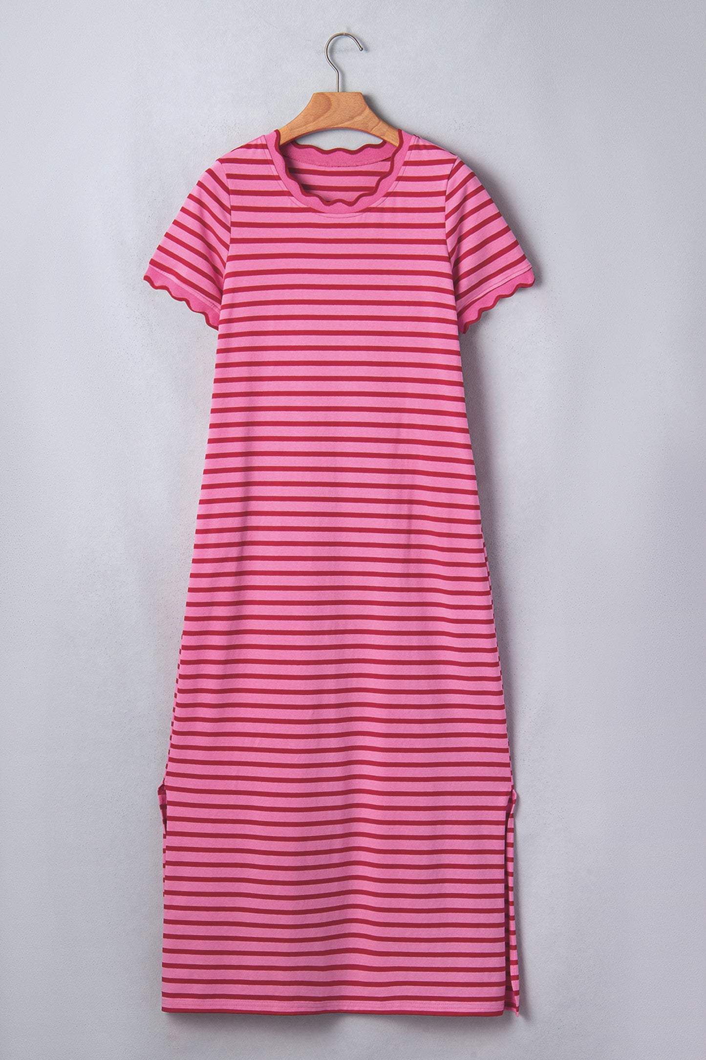 Rose Stripe Striped Short Sleeve Scalloped Trim Side Slit T-Shirt Dress-Dresses/T Shirt Dresses-[Adult]-[Female]-2022 Online Blue Zone Planet