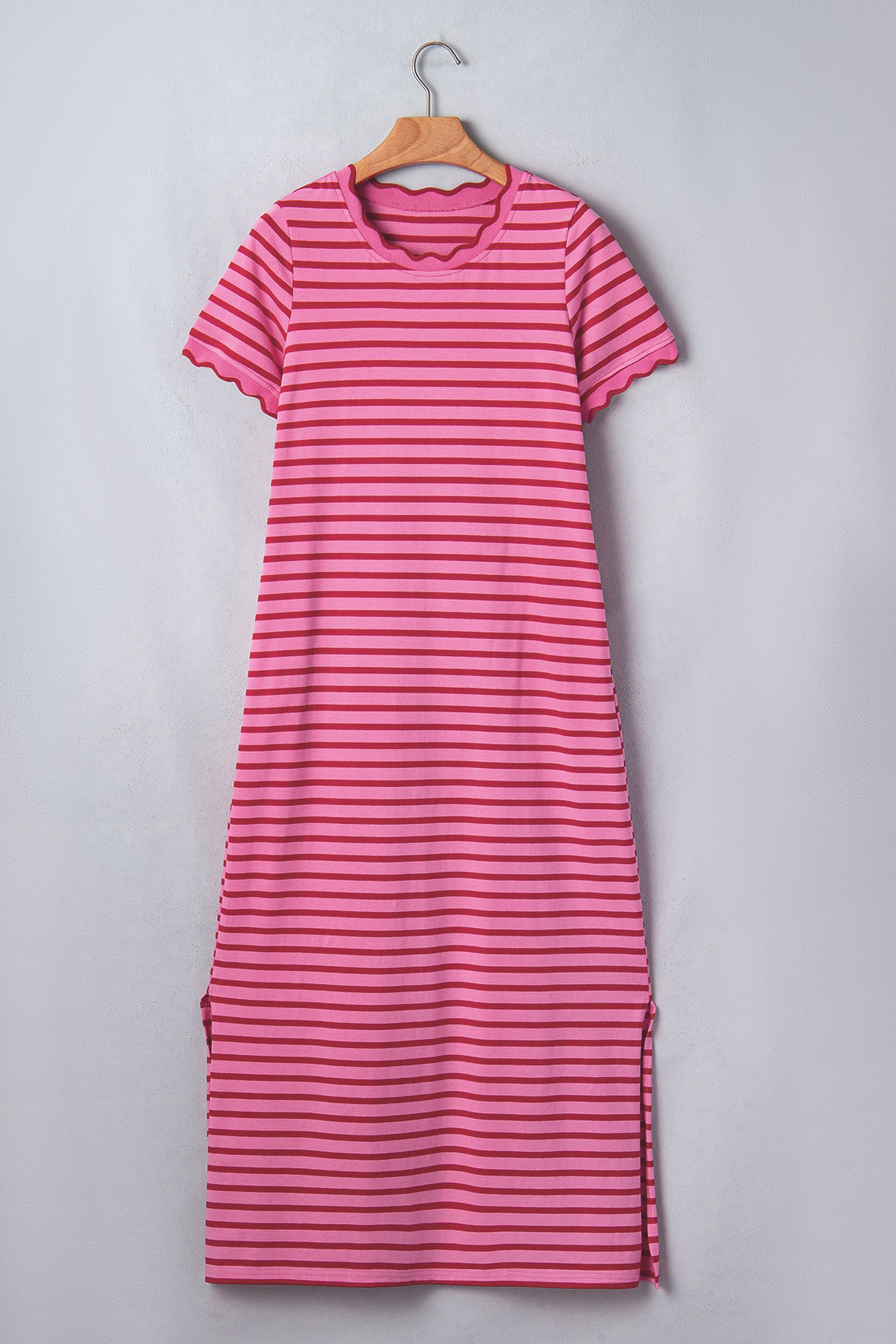Rose Stripe Striped Short Sleeve Scalloped Trim Side Slit T-Shirt Dress-Dresses/T Shirt Dresses-[Adult]-[Female]-2022 Online Blue Zone Planet