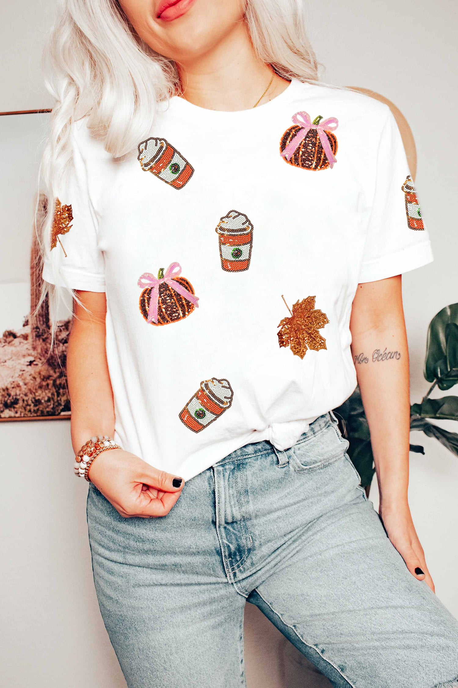 White Sequined Pumpkin Fall Graphic Casual Shift T Shirt-Graphic/Graphic Tees-[Adult]-[Female]-2022 Online Blue Zone Planet