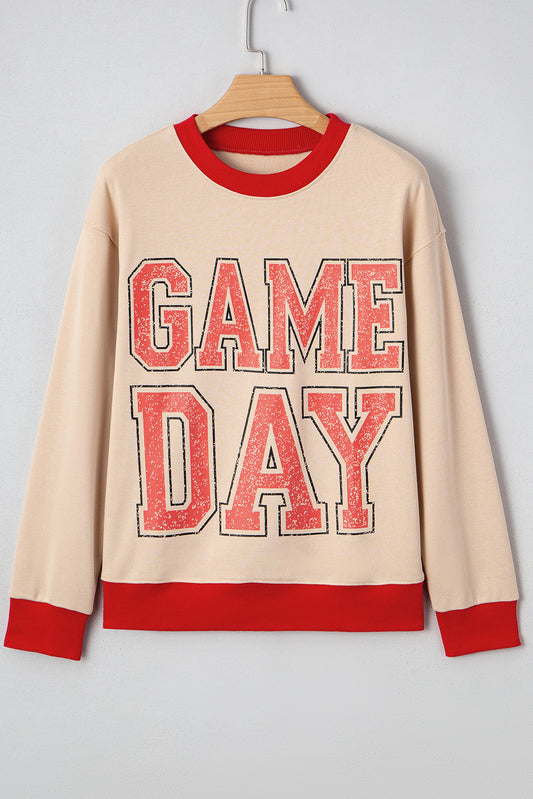 Oatmeal Game Day Letter Graphic Varsity Striped Detail Baggy Sweatshirt-Tops/Sweatshirts & Hoodies-[Adult]-[Female]-2022 Online Blue Zone Planet