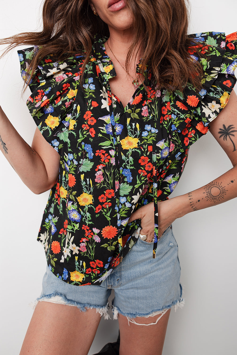 Black Tiered Flutter Sleeve V Neck Flower Blouse