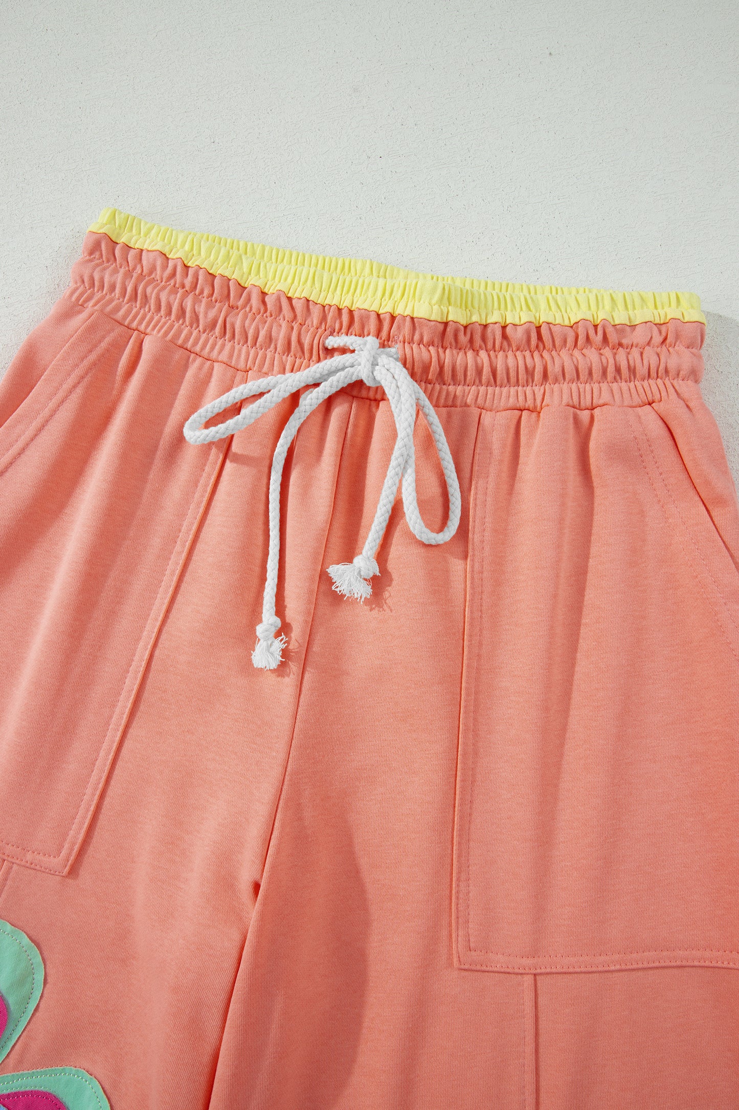 Grapefruit Orange Color Block Flower Patchwork Drawstring Contrasted Elastic Waist Wide Leg Pants-Bottoms/Pants & Culotte-[Adult]-[Female]-2022 Online Blue Zone Planet