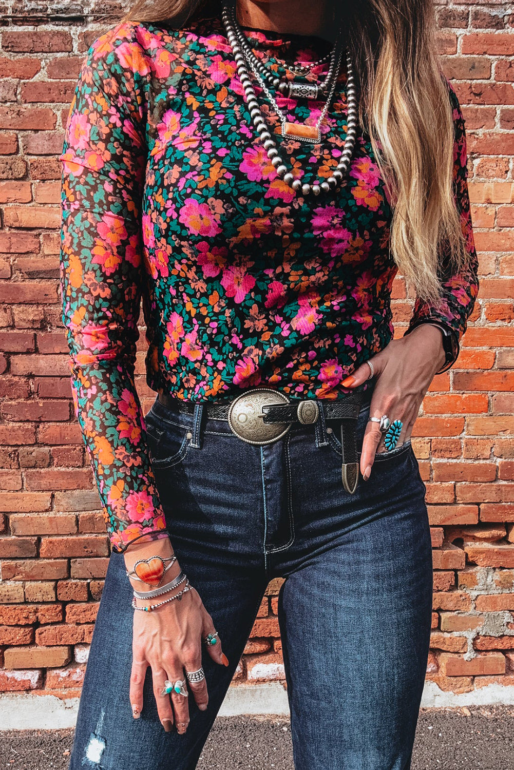 Rose Slim Fit Floral Mesh Long Sleeve Mock Neck Top-Tops/Long Sleeve Tops-[Adult]-[Female]-2022 Online Blue Zone Planet