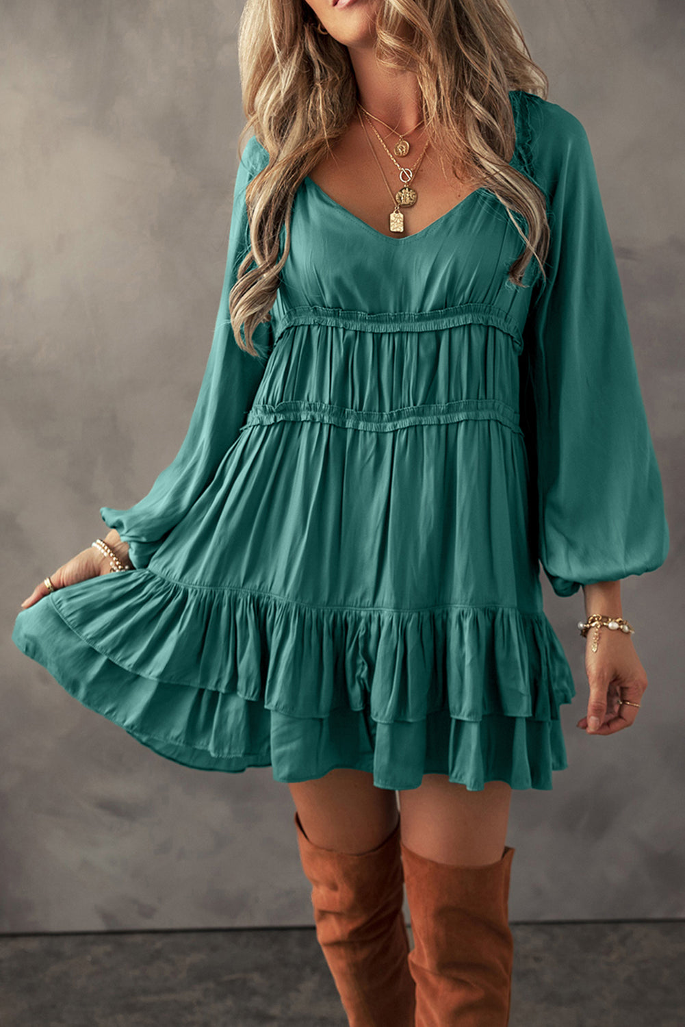 Blue Zone Planet | Mist Green Tiered Ruffled Puff Sleeve Loose Fit Mini Dress-TOPS / DRESSES-[Adult]-[Female]-Mist Green-S-2022 Online Blue Zone Planet