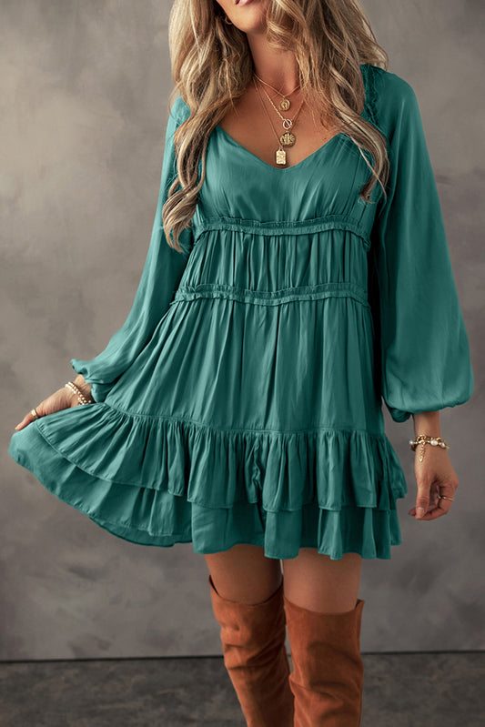 Blue Zone Planet | Mist Green Tiered Ruffled Puff Sleeve Loose Fit Mini Dress-TOPS / DRESSES-[Adult]-[Female]-Mist Green-S-2022 Online Blue Zone Planet