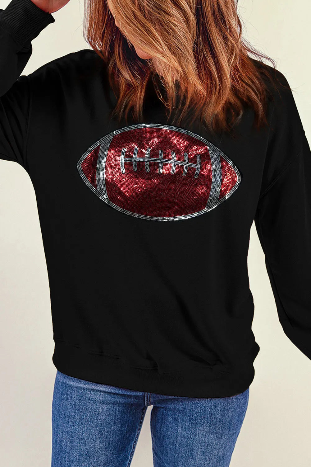 Sequin Football Long Sleeve Sweatshirt-TOPS / DRESSES-[Adult]-[Female]-Black-S-2022 Online Blue Zone Planet