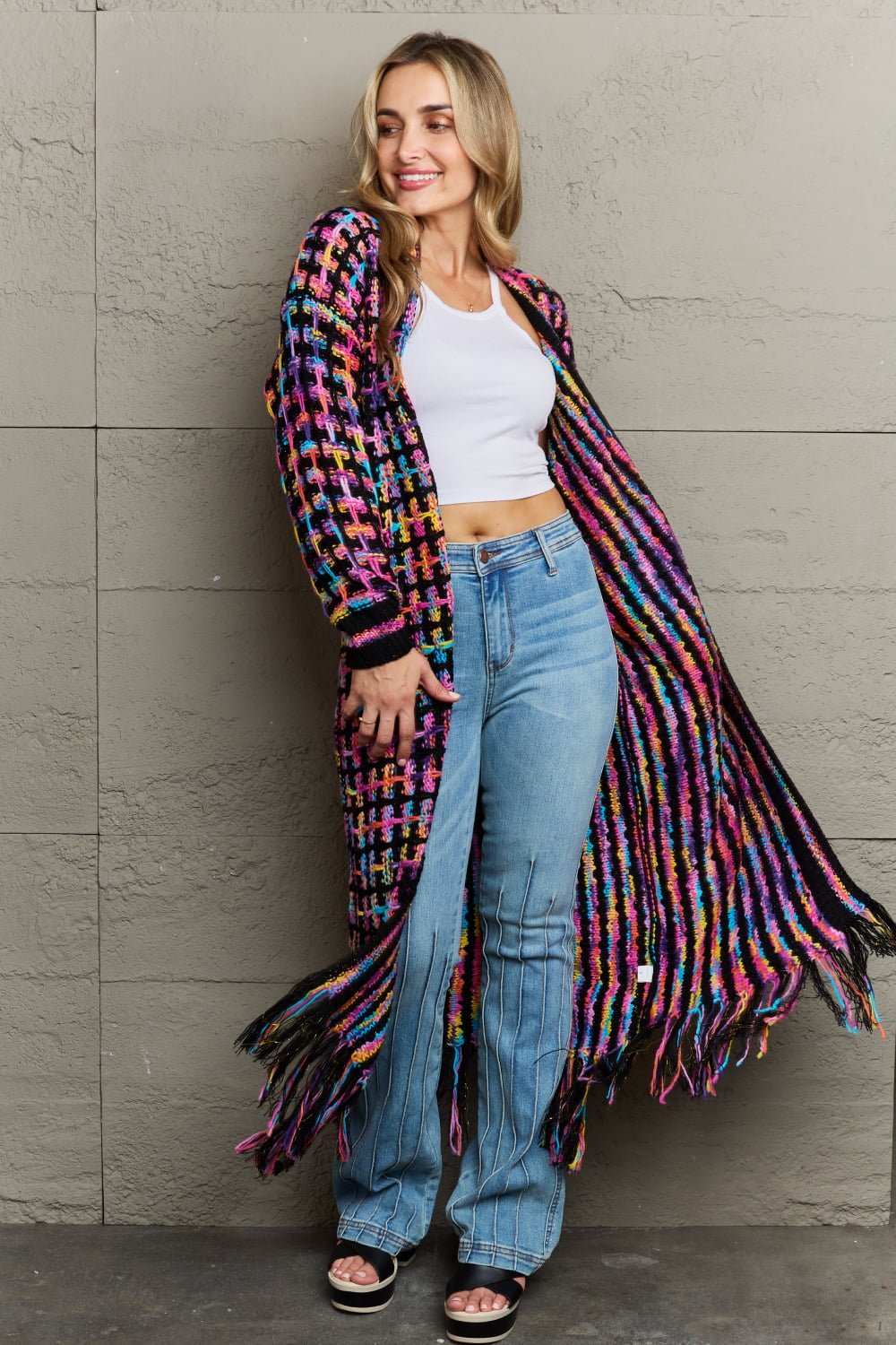 Multicolored Open Front Fringe Hem Cardigan-TOPS / DRESSES-[Adult]-[Female]-Multi-2XL-2022 Online Blue Zone Planet