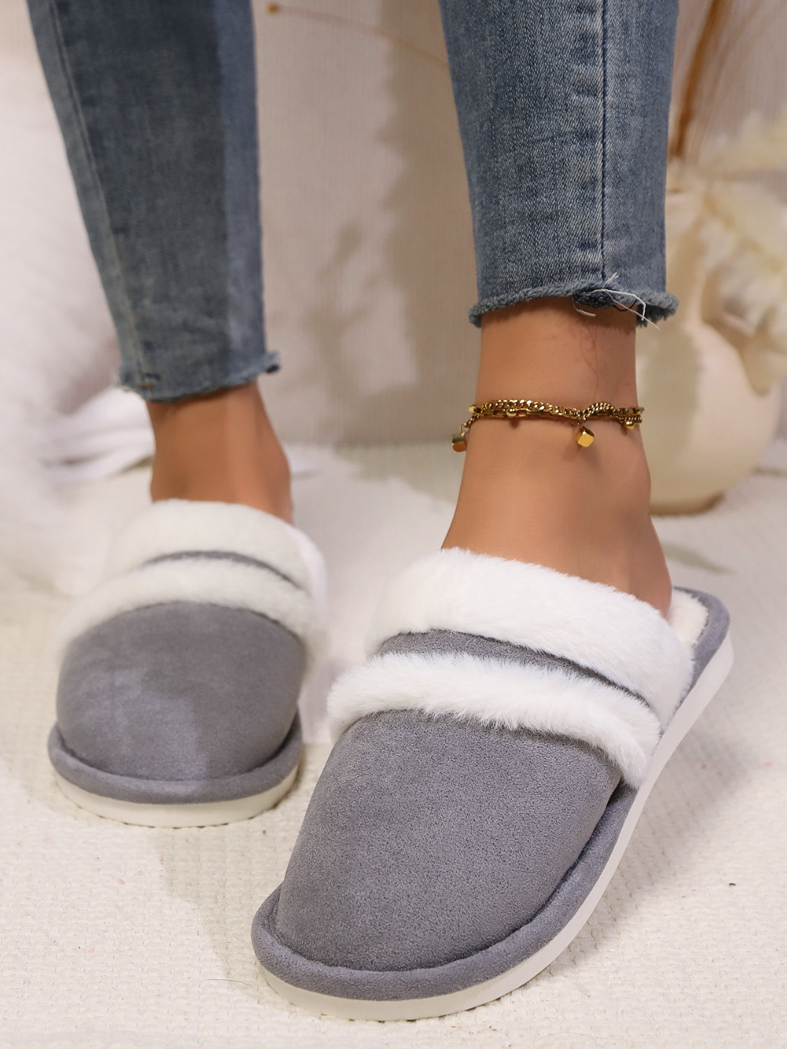 Contrast Faux Fur Round Toe Slippers-SHOES-[Adult]-[Female]-Dark Gray-36-37(US5-6)-2022 Online Blue Zone Planet