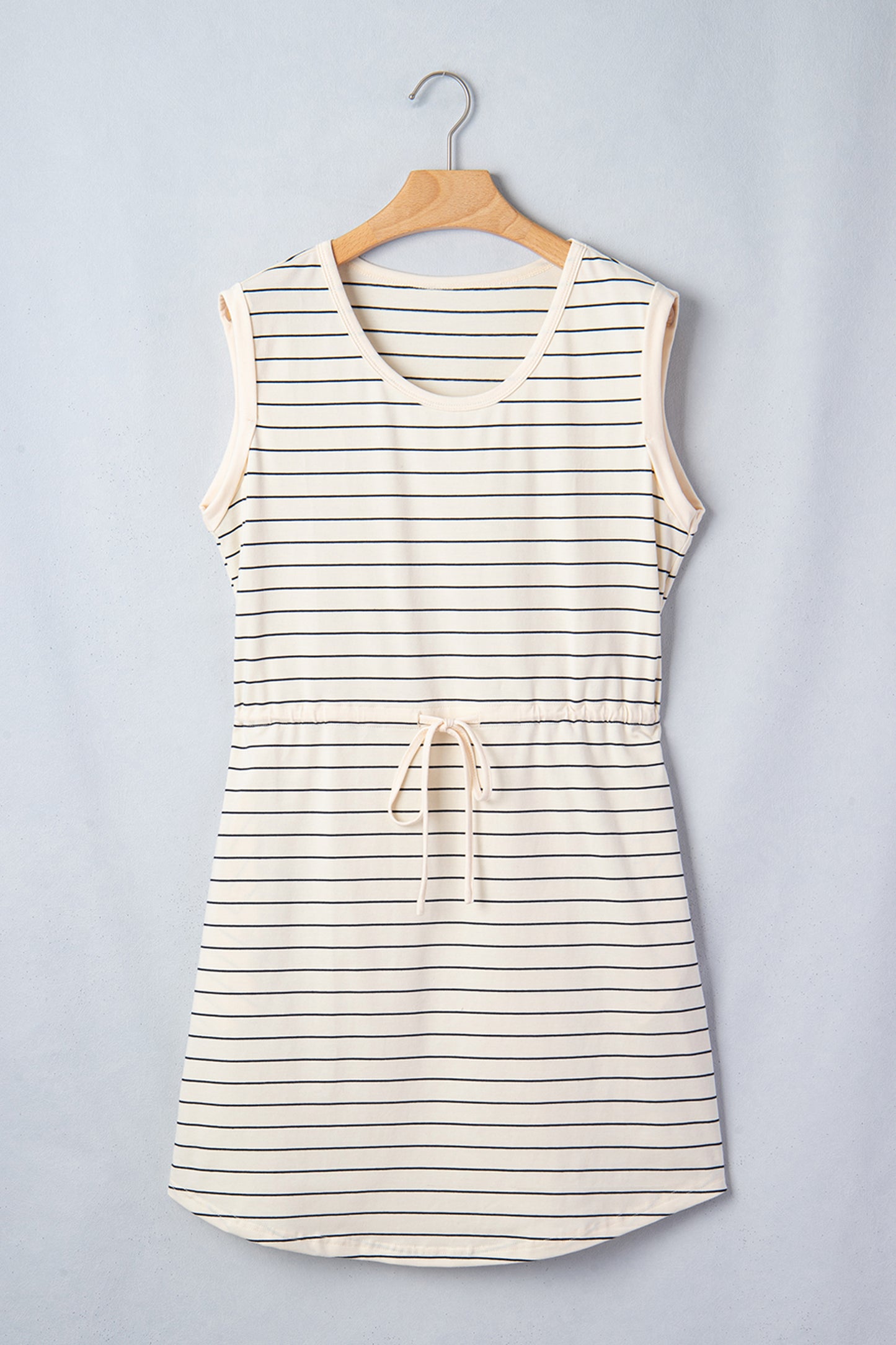 Beige Stripe Drawstring Tunic Tank Mini Dress with Pockets-TOPS / DRESSES-[Adult]-[Female]-2022 Online Blue Zone Planet