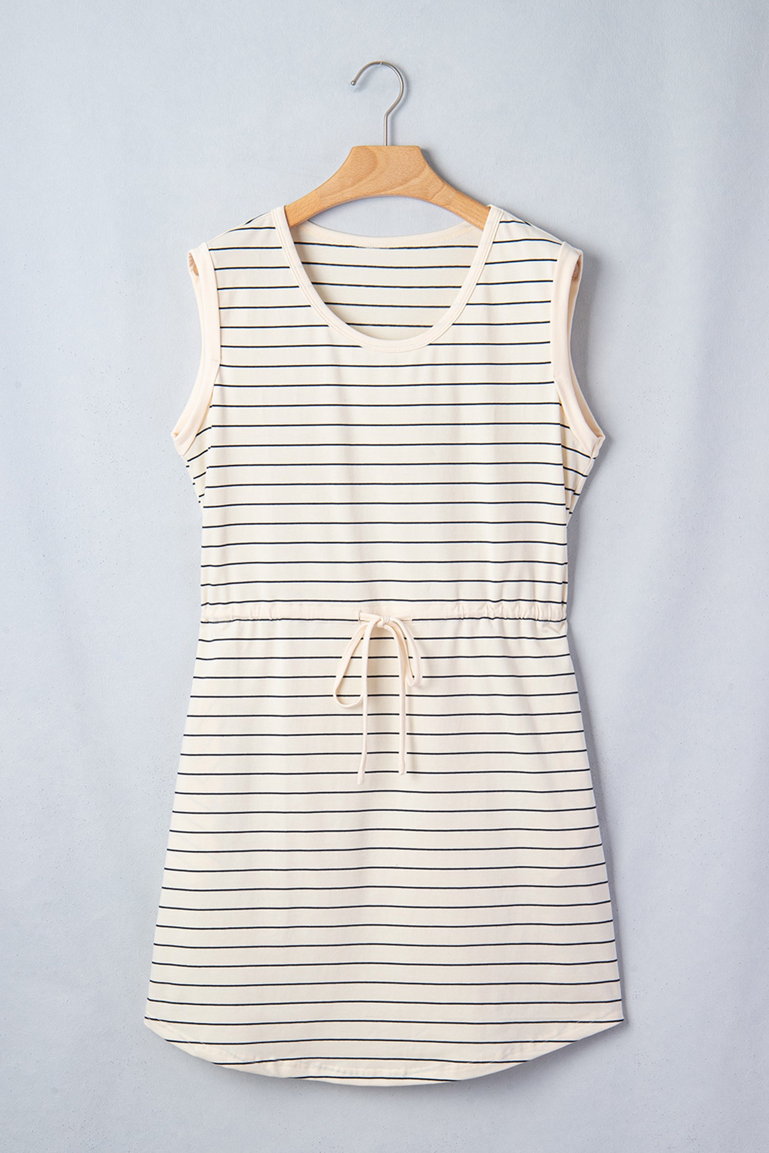 Beige Stripe Drawstring Tunic Tank Mini Dress with Pockets-TOPS / DRESSES-[Adult]-[Female]-2022 Online Blue Zone Planet