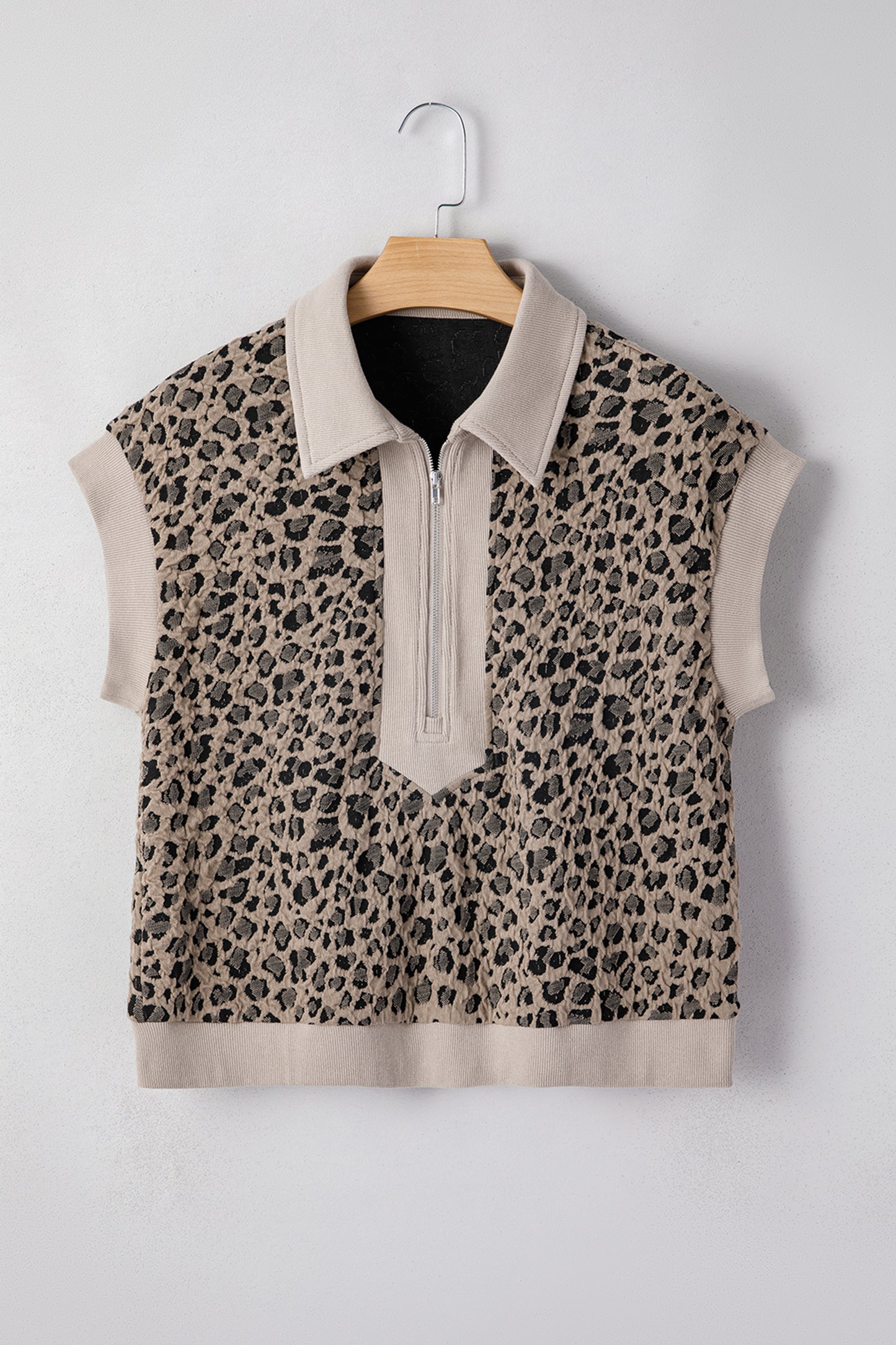Beige Zip Up Collared Leopard Cap Sleeve Top-Tops/Tops & Tees-[Adult]-[Female]-2022 Online Blue Zone Planet