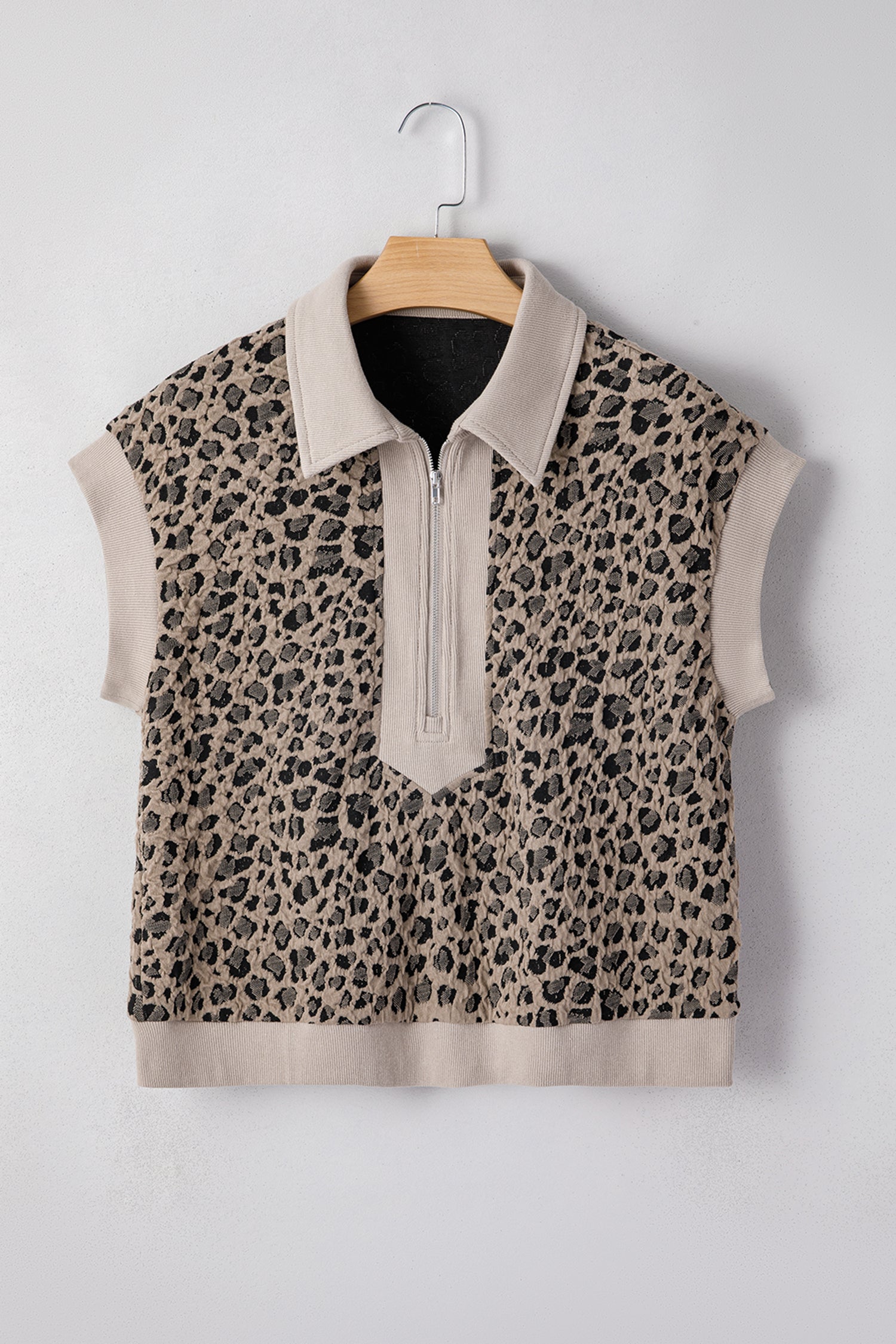 Beige Zip Up Collared Leopard Cap Sleeve Top-Tops/Tops & Tees-[Adult]-[Female]-2022 Online Blue Zone Planet