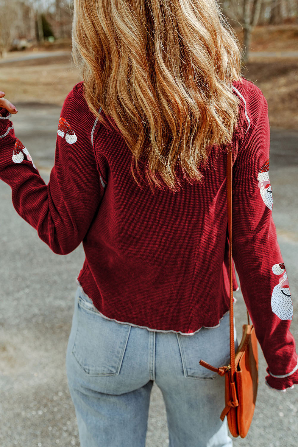 Red Sequin Santa Claus Graphic Textured Long Sleeve Top-Graphic/Graphic Long Sleeve Tees-[Adult]-[Female]-2022 Online Blue Zone Planet