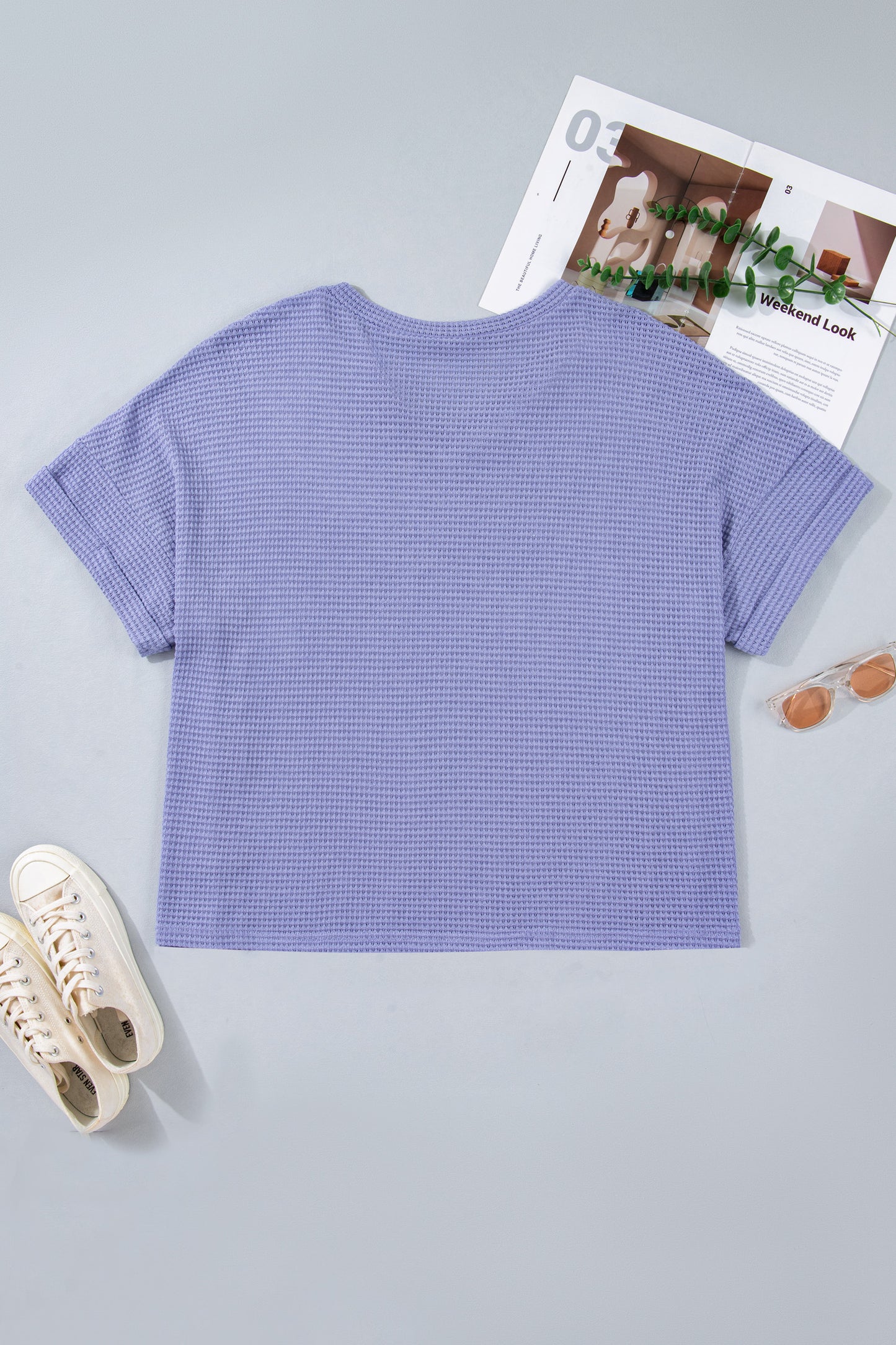 Wisteria V Neck Short Sleeve Plus Size Waffle Knit Top-Plus Size/Plus Size Tops/Plus Size Tops & Tees-[Adult]-[Female]-2022 Online Blue Zone Planet