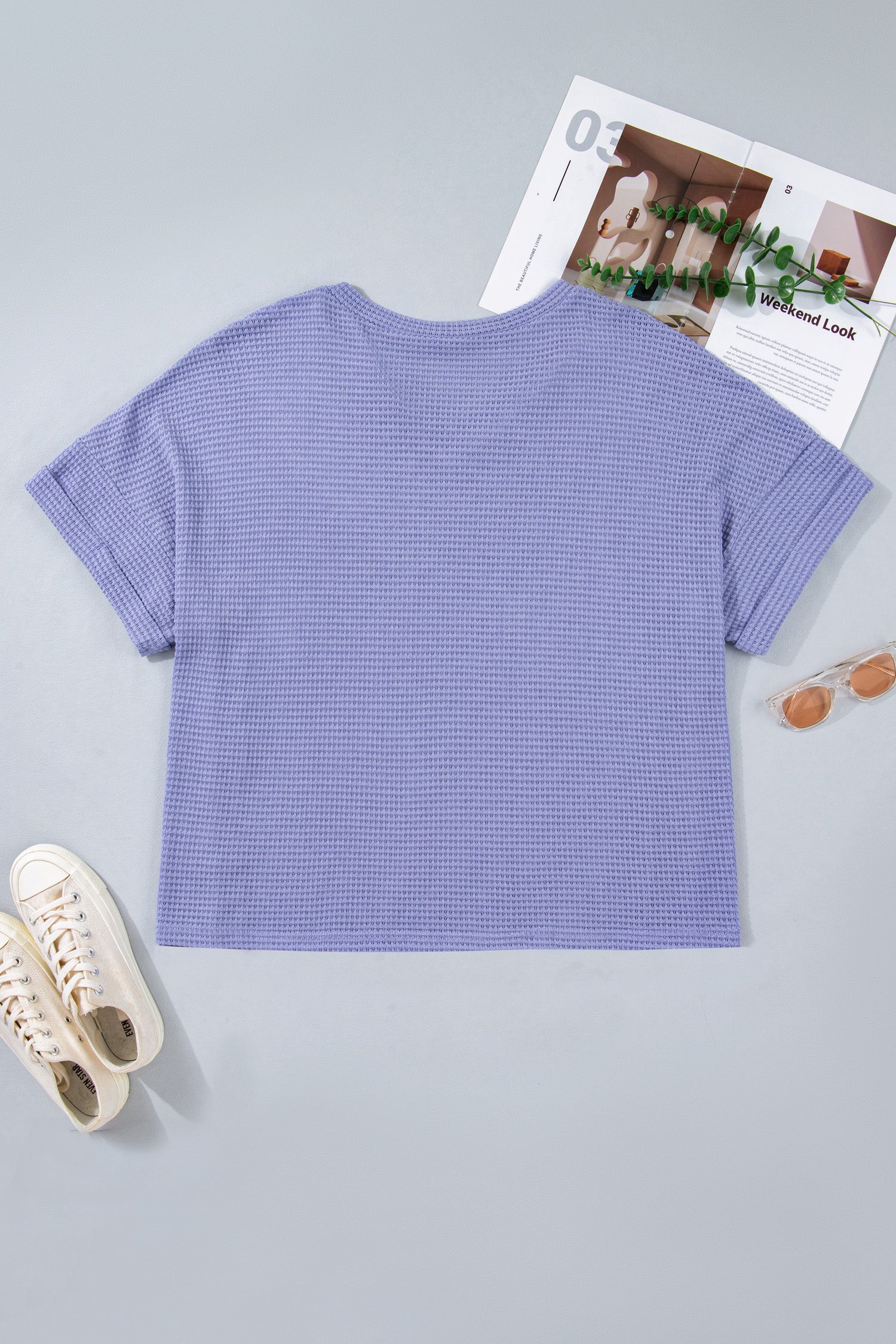 Wisteria V Neck Short Sleeve Plus Size Waffle Knit Top-Plus Size/Plus Size Tops/Plus Size Tops & Tees-[Adult]-[Female]-2022 Online Blue Zone Planet