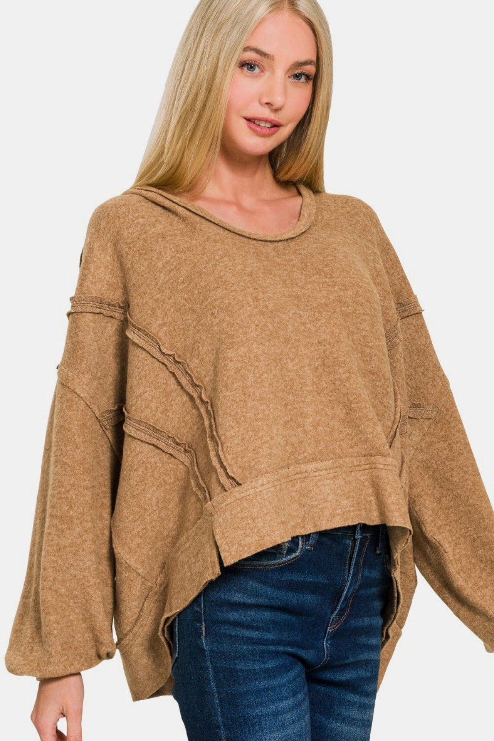 Blue Zone Planet | Zenana Brushed Hacci Exposed Seam Hoodie-TOPS / DRESSES-[Adult]-[Female]-Deep Camel-S/M-2022 Online Blue Zone Planet