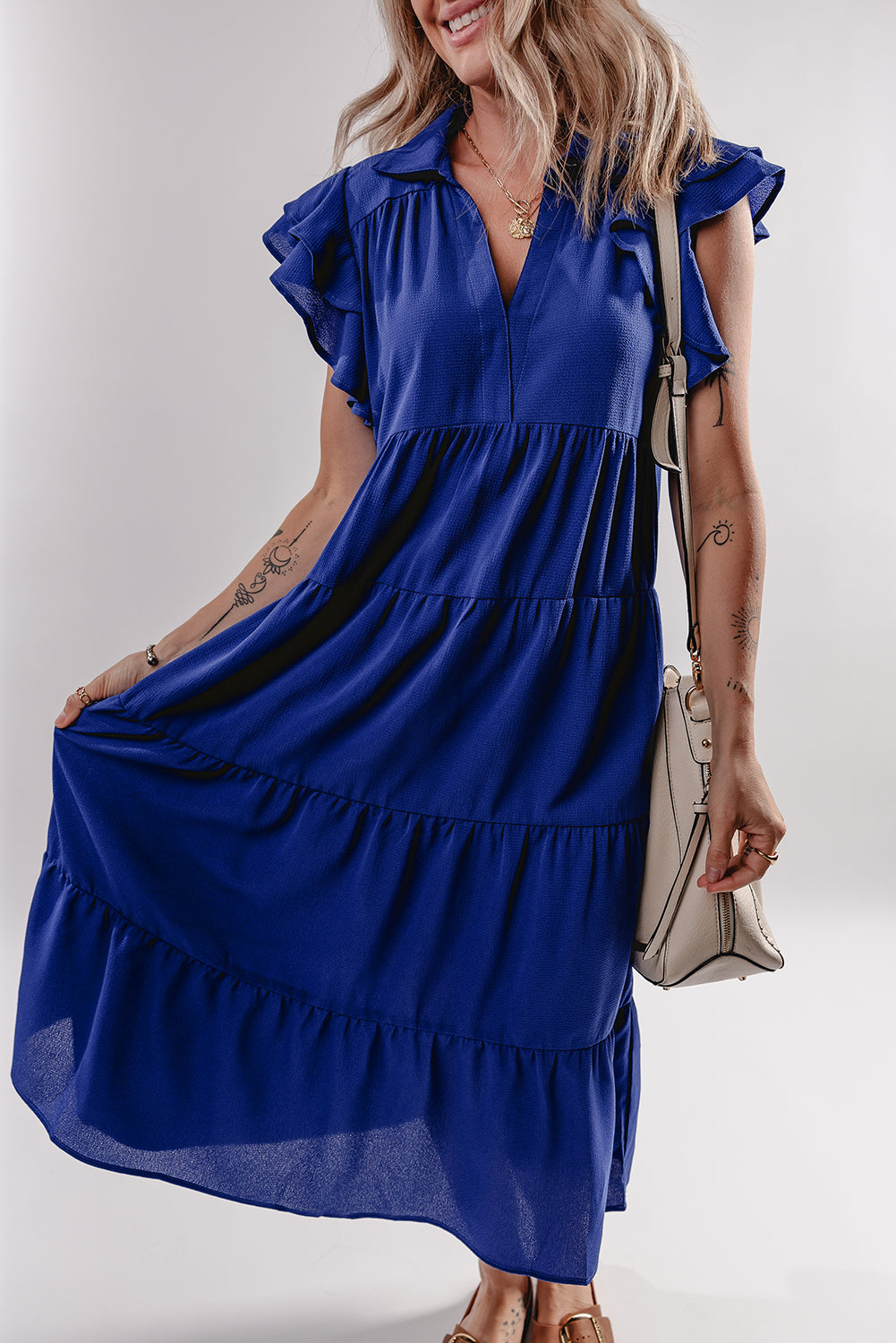 Bluing Ruffled Short Sleeve Collared V Neck Tiered Midi Dress-Dresses/Midi Dresses-[Adult]-[Female]-2022 Online Blue Zone Planet