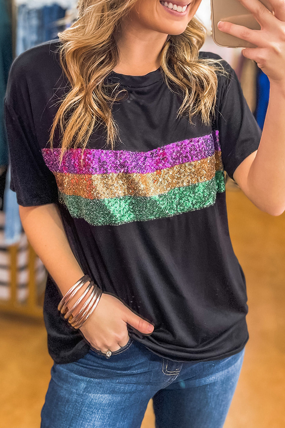 Black Sequin Stripes Patchwork Mardi Gras Crew Neck T Shirt-Tops/Tops & Tees-[Adult]-[Female]-Black-S-2022 Online Blue Zone Planet